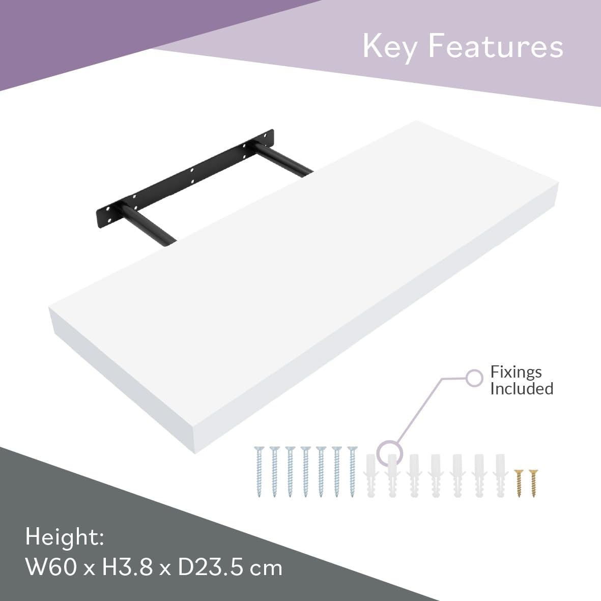 Anika Floating Shelf / 3 Separate Sizes & 4 Colour Options / 3.8Cm Thick Hollowboard/Bedroom/Kitchen/Living Room/Office (White, 60Cm)