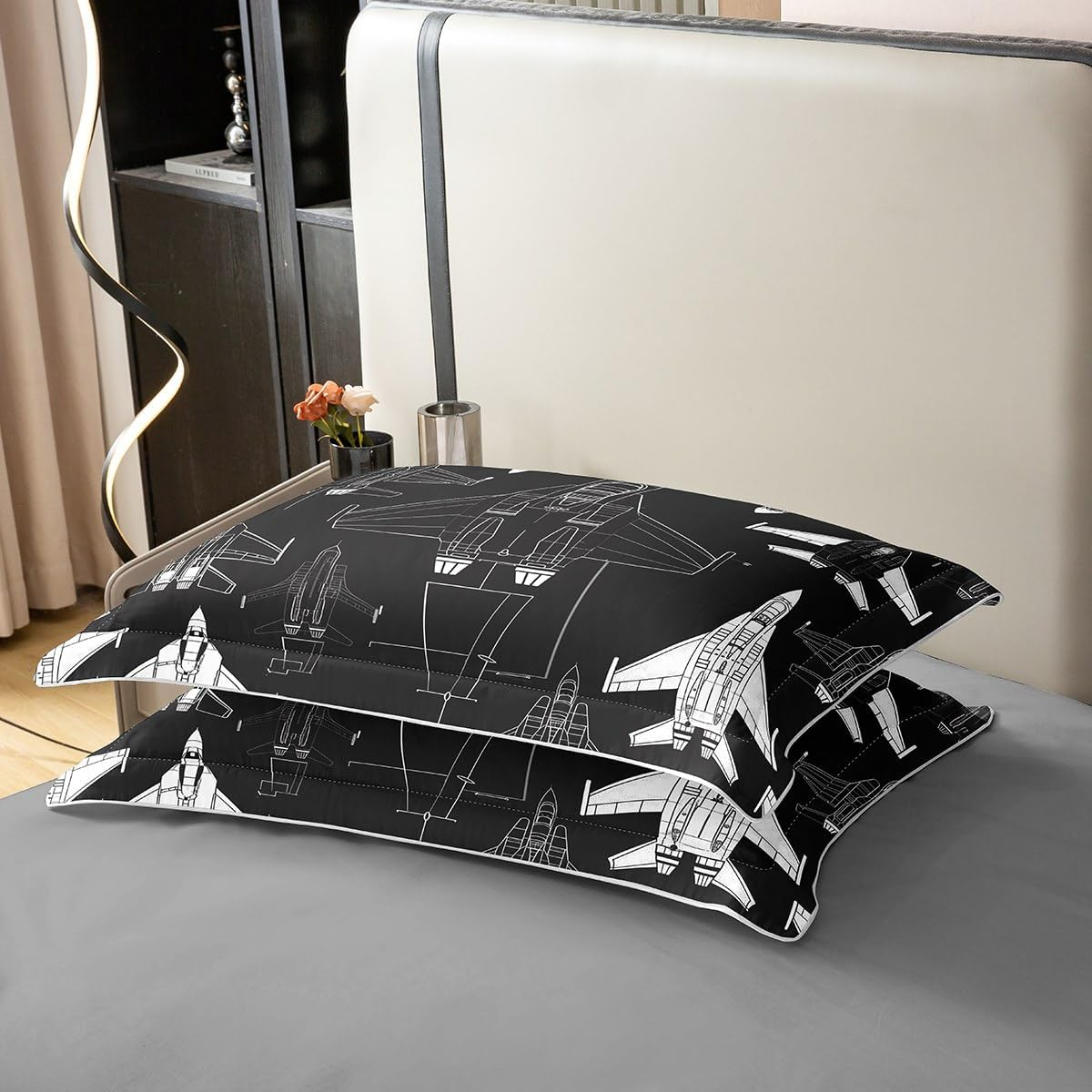 Homewish Aeroplane 100% Cotton Bed Linen Set, Black and White Aeroplane Duvet Cover 135 X 200 Cm for Children, Teens, Adults, Aeroplane Comforter Cover, Transport Bed Set with 1 Pillowcase for Room image number 5