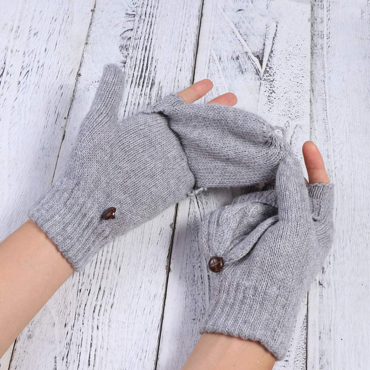 SOLUSTRE Women'S Mittens Winter Mittens Warm Half Finger Gloves for Women, Flip Knitted Mittens Convertible Fingerless Gloves (Grey) White Mittens Ladies Mittens