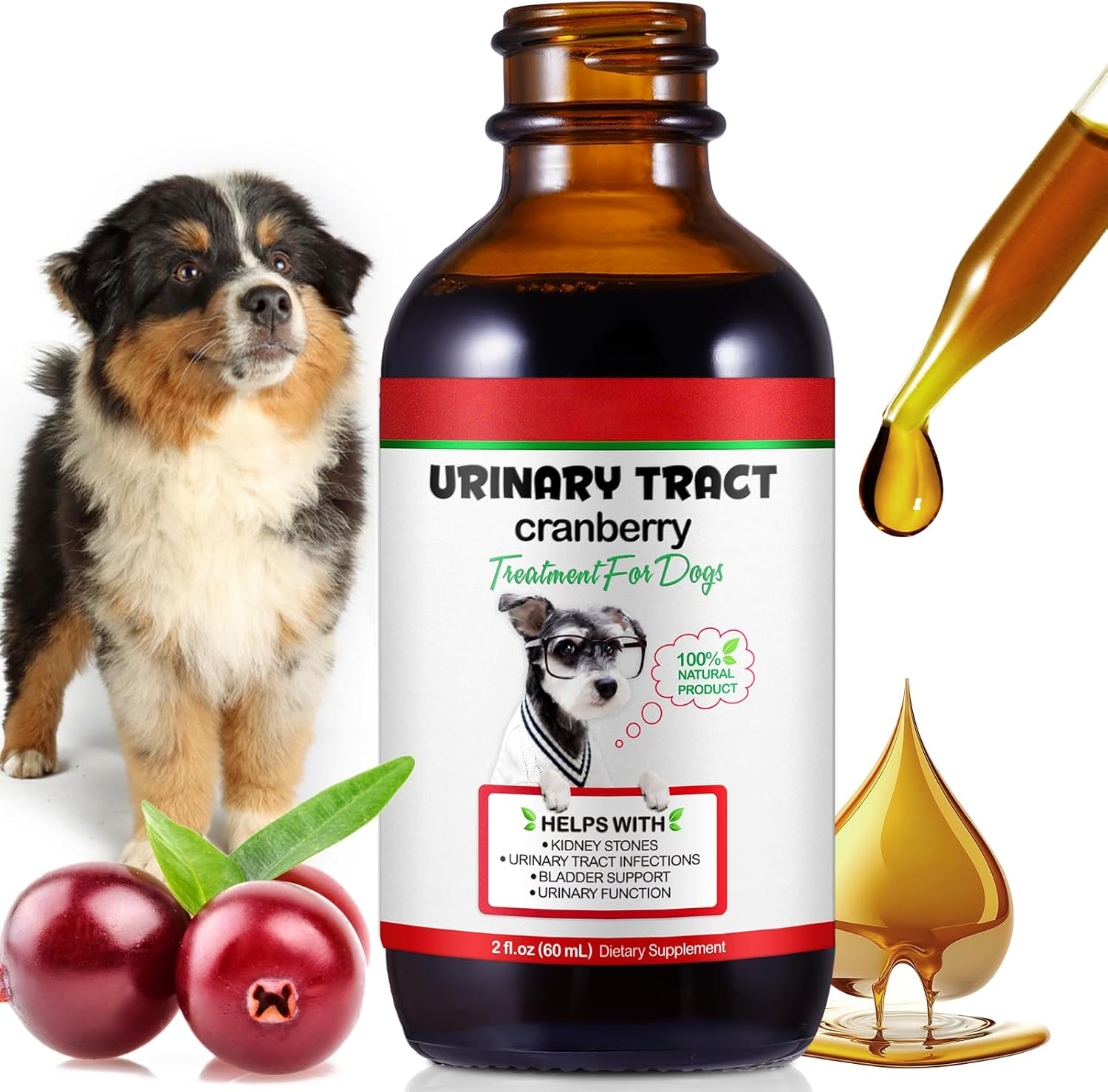 Dog UTI Treatment, Natural Urinary Tract Infection Treatment Drops, Cranberry Supplement, Bladder Health for Dogs All Breeds