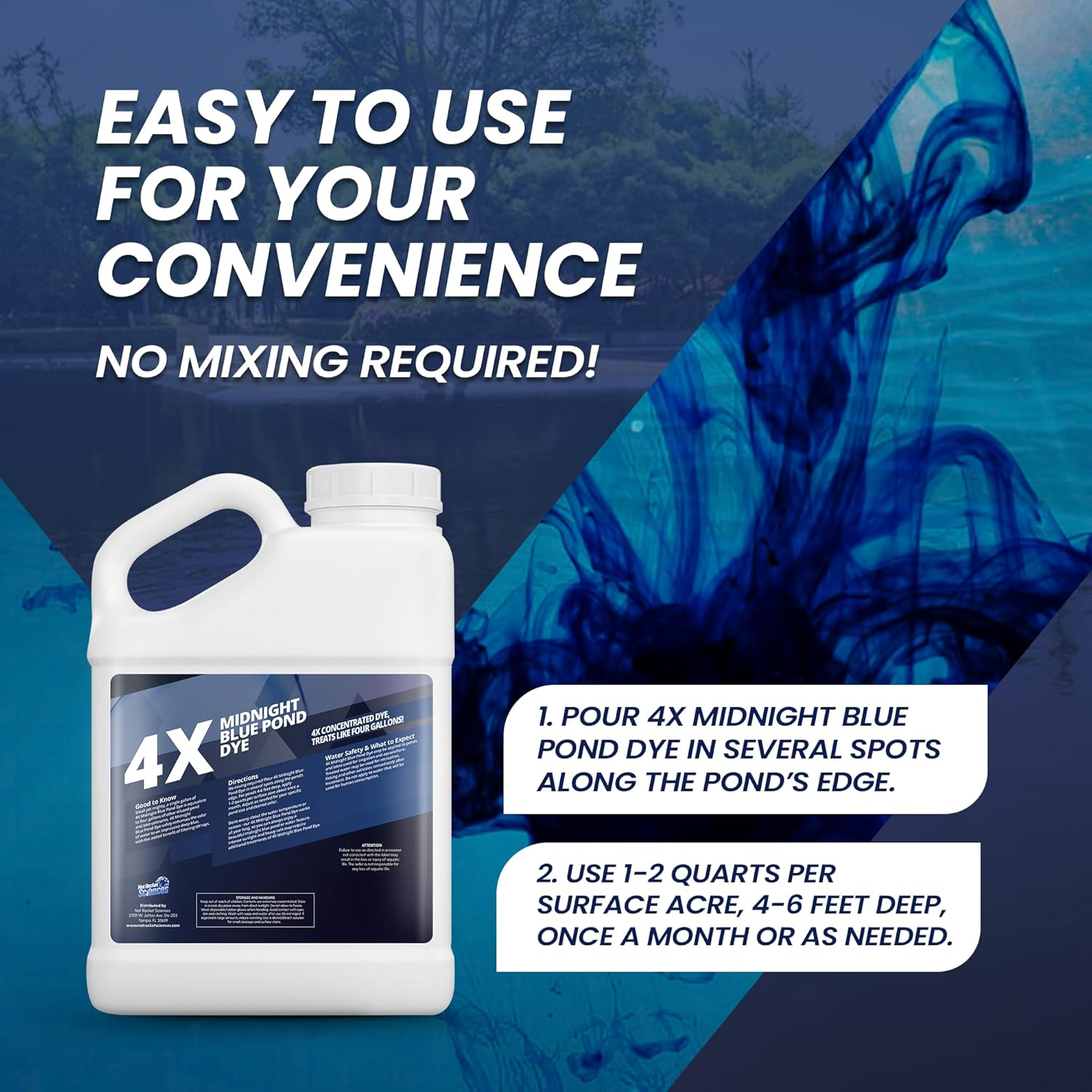 Midnight Blue Pond Dye 4X Concentrate, Dark Natural Looking Blue Pond Dye for Beautiful, Deep Blue Pond, Super Concentrate Pond Dye Blue, Protects against Sunlight, Safe for Fish & Wildlife, 1 Gallon image number 1