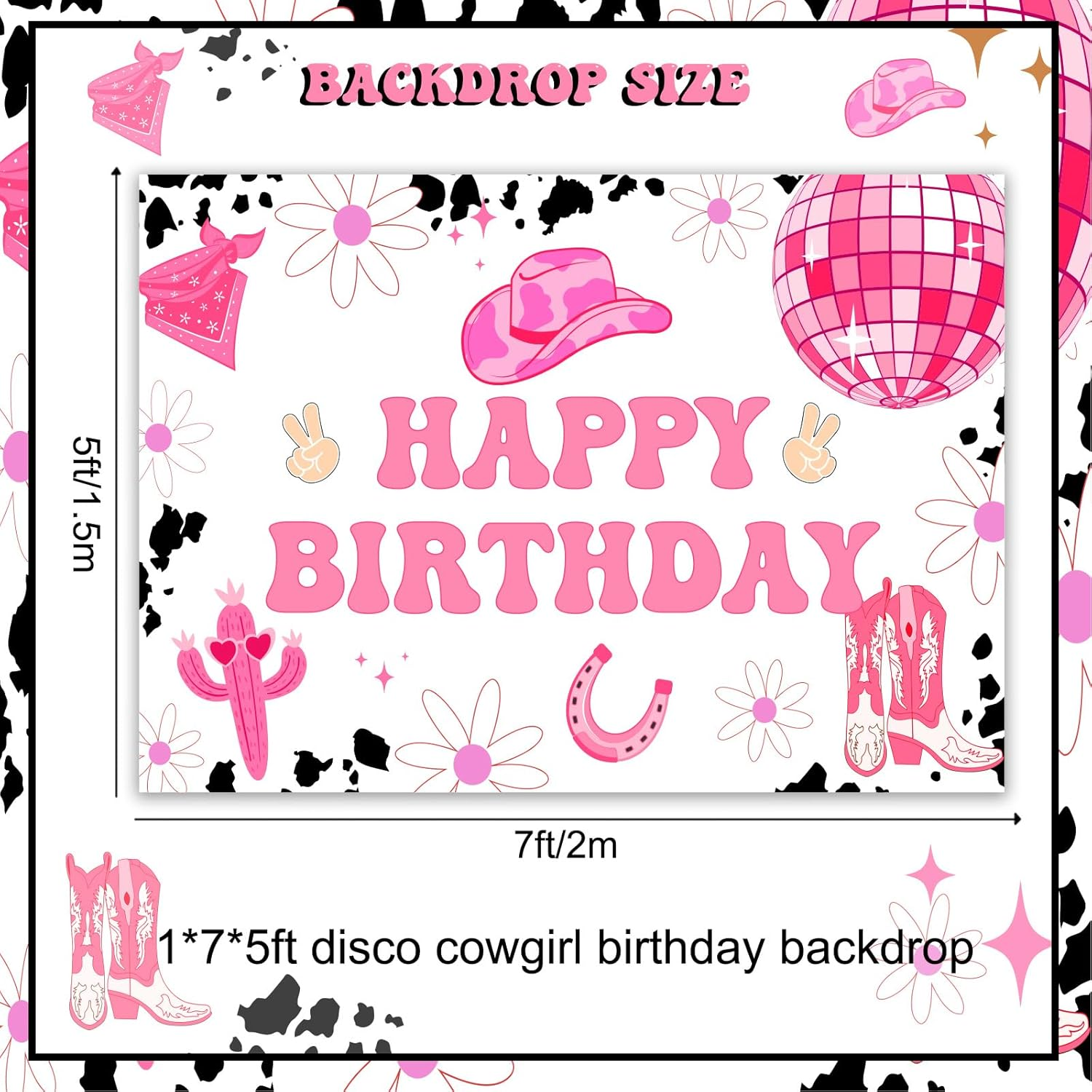 7 * 5Ft Disco Cowgirl Birthday Party Backdrop Decorations Space Cowgirl Birthday Party Decorations Last Disco Western Cowgirl Happy Birthday Backdrop with Groovy Disco Ball Decor for Girl image number 2