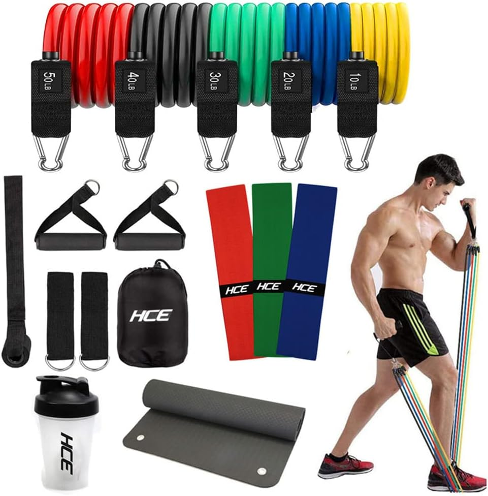 HCE Resistance Bands Set with Handles - Exercise Resistance Bands Training Tubes with Handles, Ankle Straps, Door Anchor, Exercise Mat, Shaker Bottle,Carry Bag