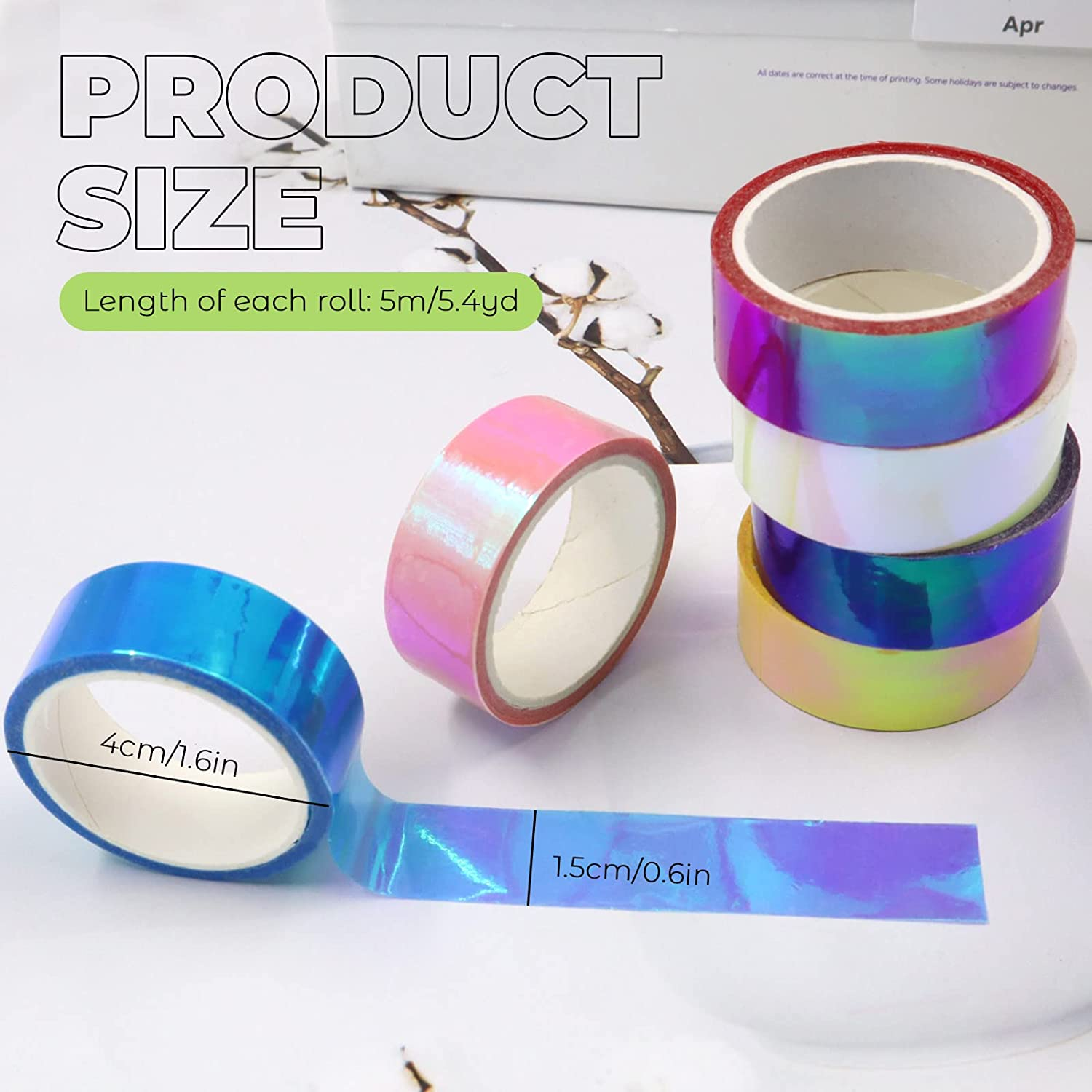 6 Rolls Holographic Tape 5M/196.8In, Assorted Colored Tape Set, Decorative Tape, Prismatic Glitter Tape Hoops for DIY Arts Crafts Decoration Scrapbooking Gifts Wrapping