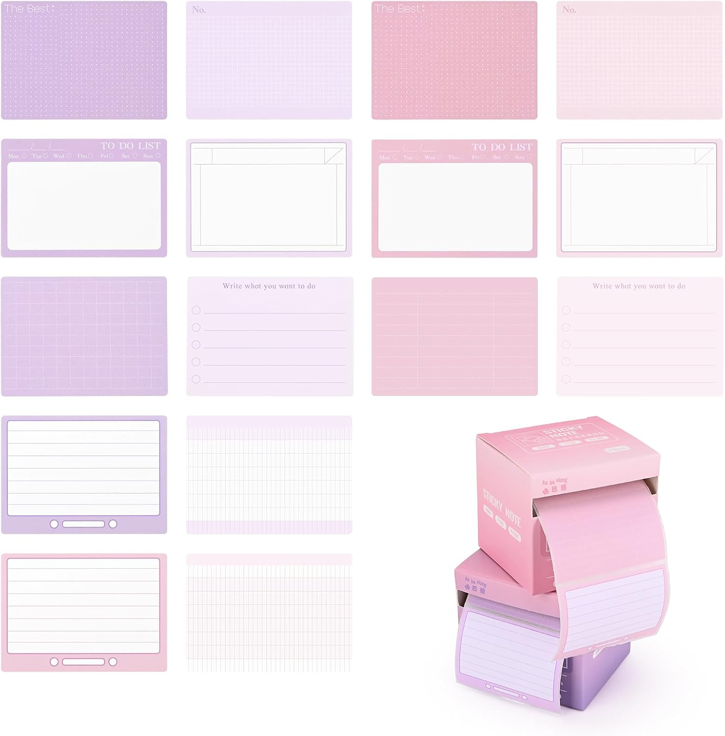 BAYTORY 512 Sheets Sticky Notes Roll Tape, 1.7 X 2.4 Inch Full Adhesive Pop-Out Sticky Notes with Pull Out Dispenser Boxes, Memo Pads Sticker Label for Noting Writing (Pink & Purple)