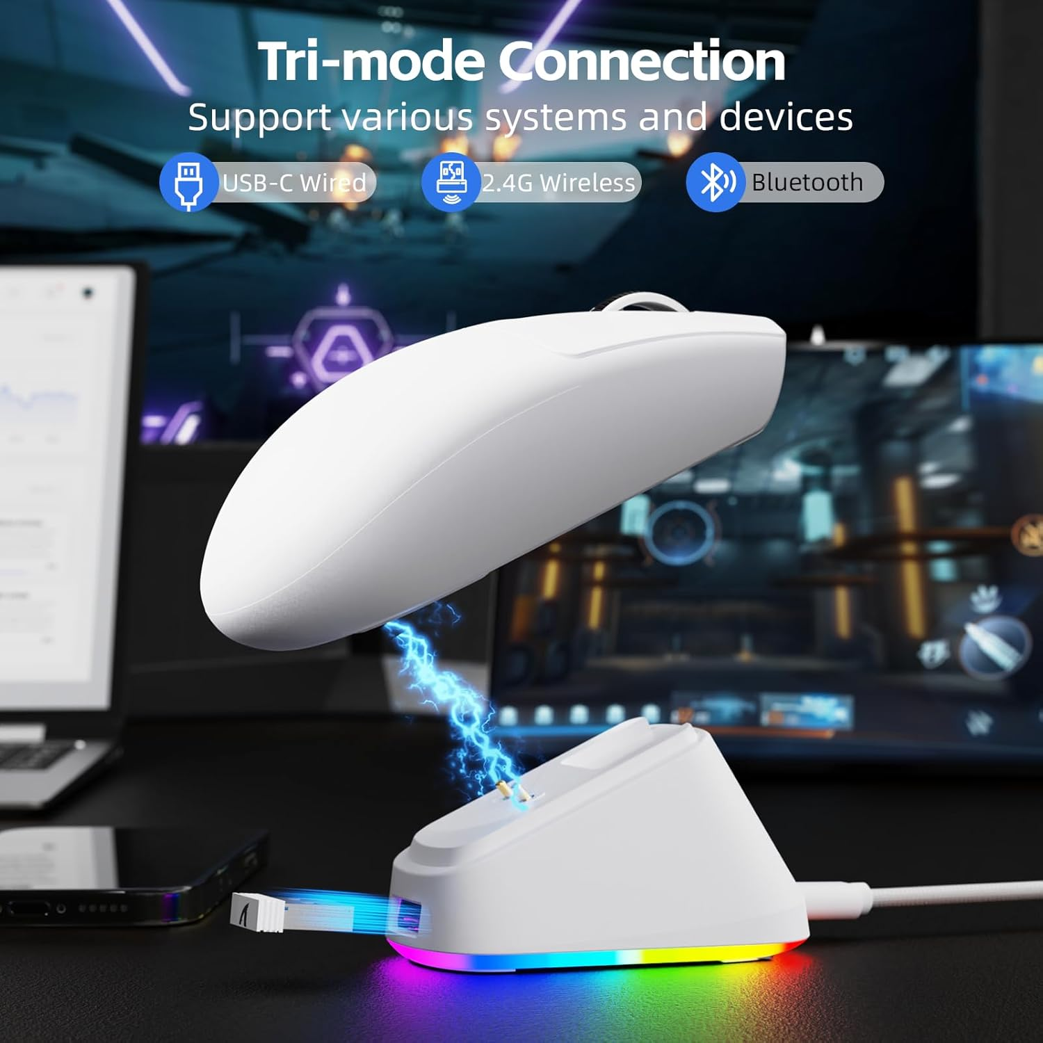 ATTACK SHARK G3PRO Wireless Gaming Mouse with RGB Charging Dock,2.4G/Usb-C Wired/Bt PAW3311 Optical Sensor 1K Polling Rate Adjustable 25K Dpi,500Mah Battery Ultra Lightweight 59G Mice (White) - Berry Red image number 3