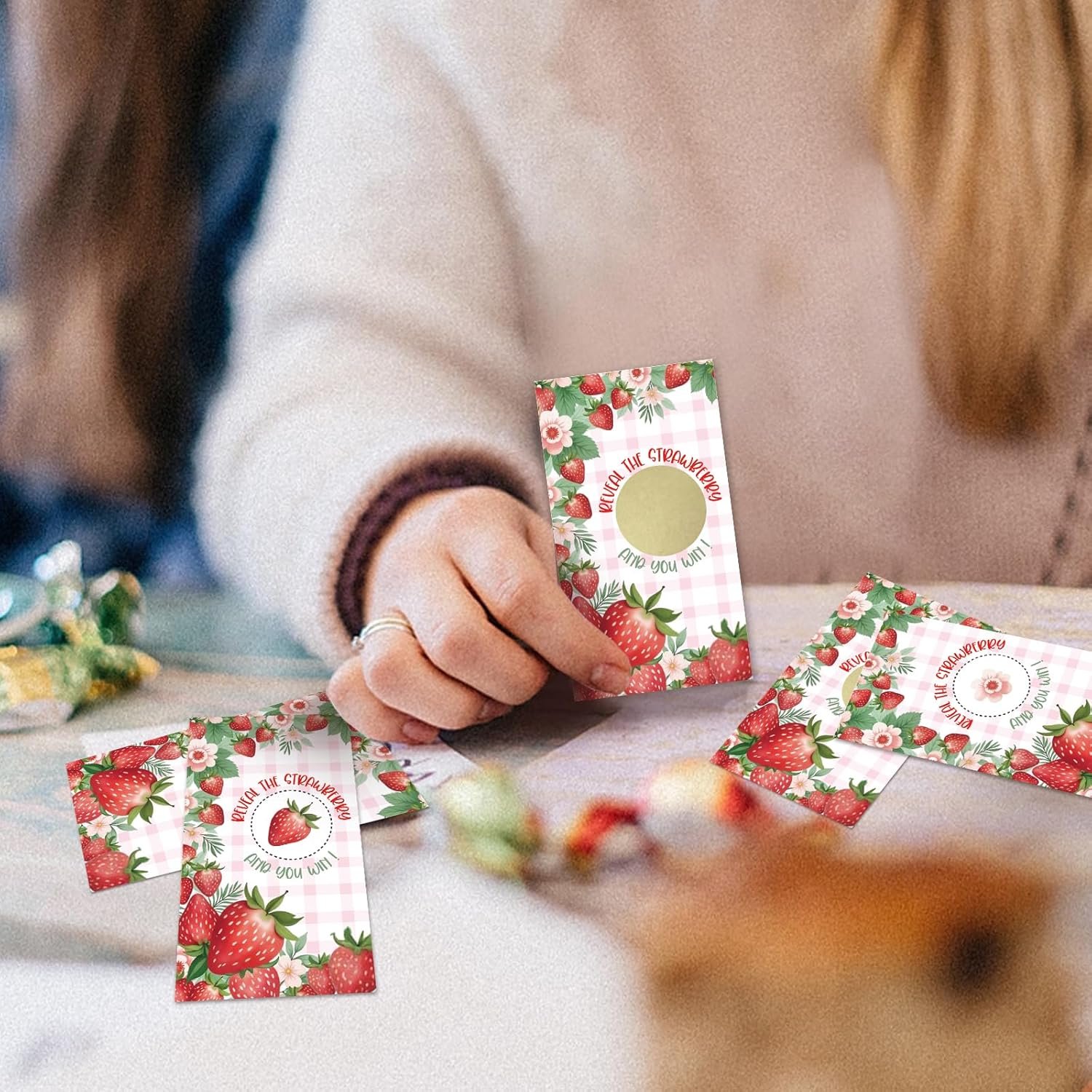 166REWIDPARTY 32 Pcs Strawberry Theme Scratch off Cards, Strawberry Baby Shower Scratch off Tickets, Pink Fruit Berry Raffle Tickets, Funny Summer Wedding Birthday Party Cards Supplies Decorations image number 4