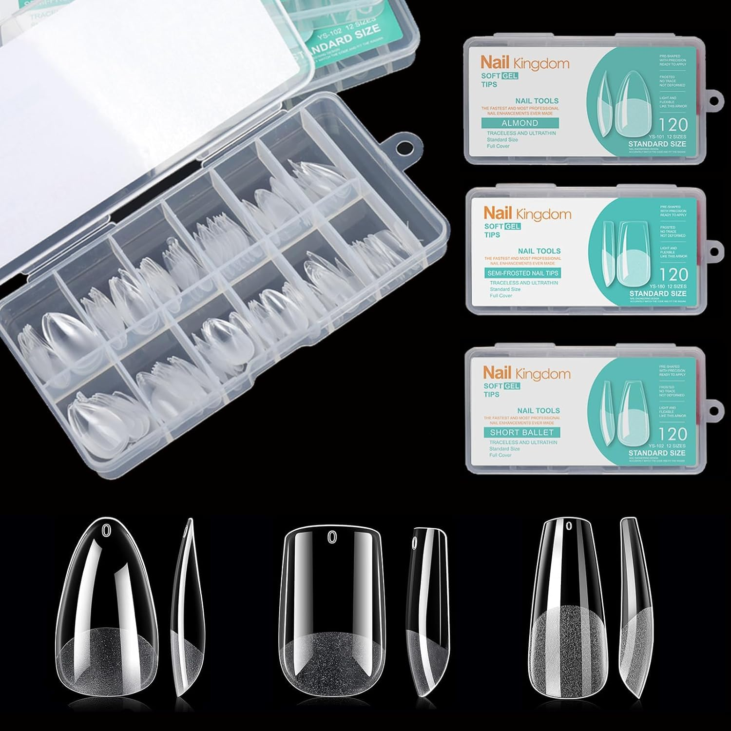 Soft Gel X False Nail Tips Kit of 3 Styles - Ballerina Medium Almond, Square and Short, 360Pcs Full Cover Acrylic Nail Tips Semi-Matte Preformed, Nail Extension image number 2