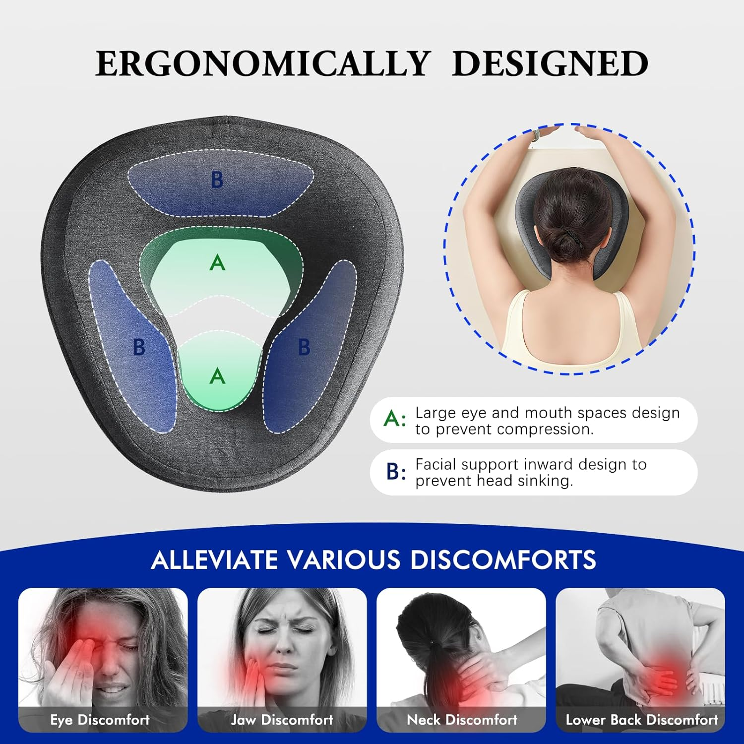 Face down Pillow and Massage Headrest for Bed, 3-Air-Hole Pillow for Stomach Sleeper, Suitable for Beach Tanning, Home Massages, Eye Surgery Recovery, Back and Waist Pain, Etc (Black) image number 5