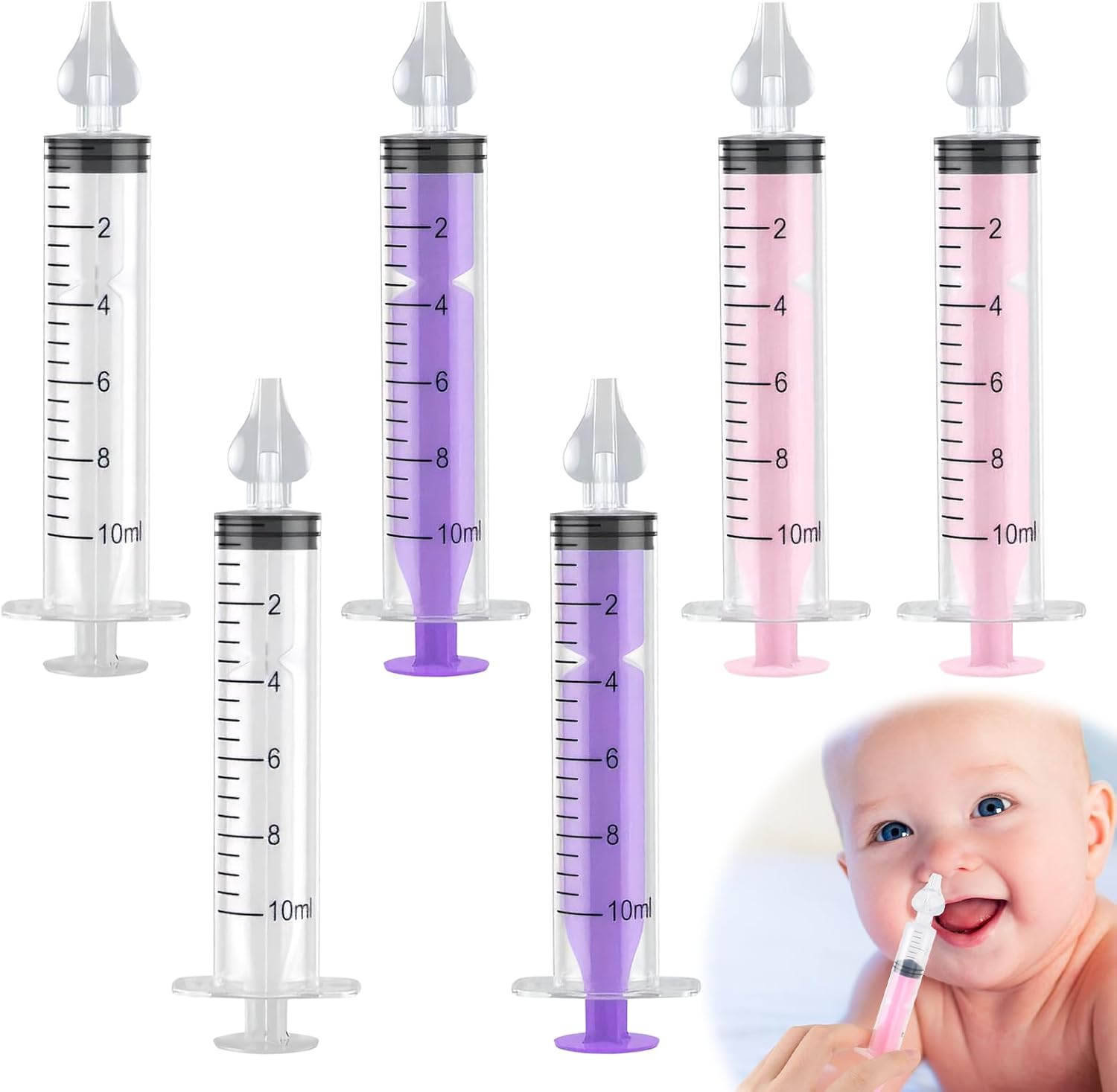6 Pcs Professional Baby Nasal Aspirator with Soft Silicone Tip, 10Ml Portable Nasal Irrigator, Safe Nose Cleaner for Newborns & Infants for Clear Blocked Noses Gentle Rinse(White Purple Pink) image number 1