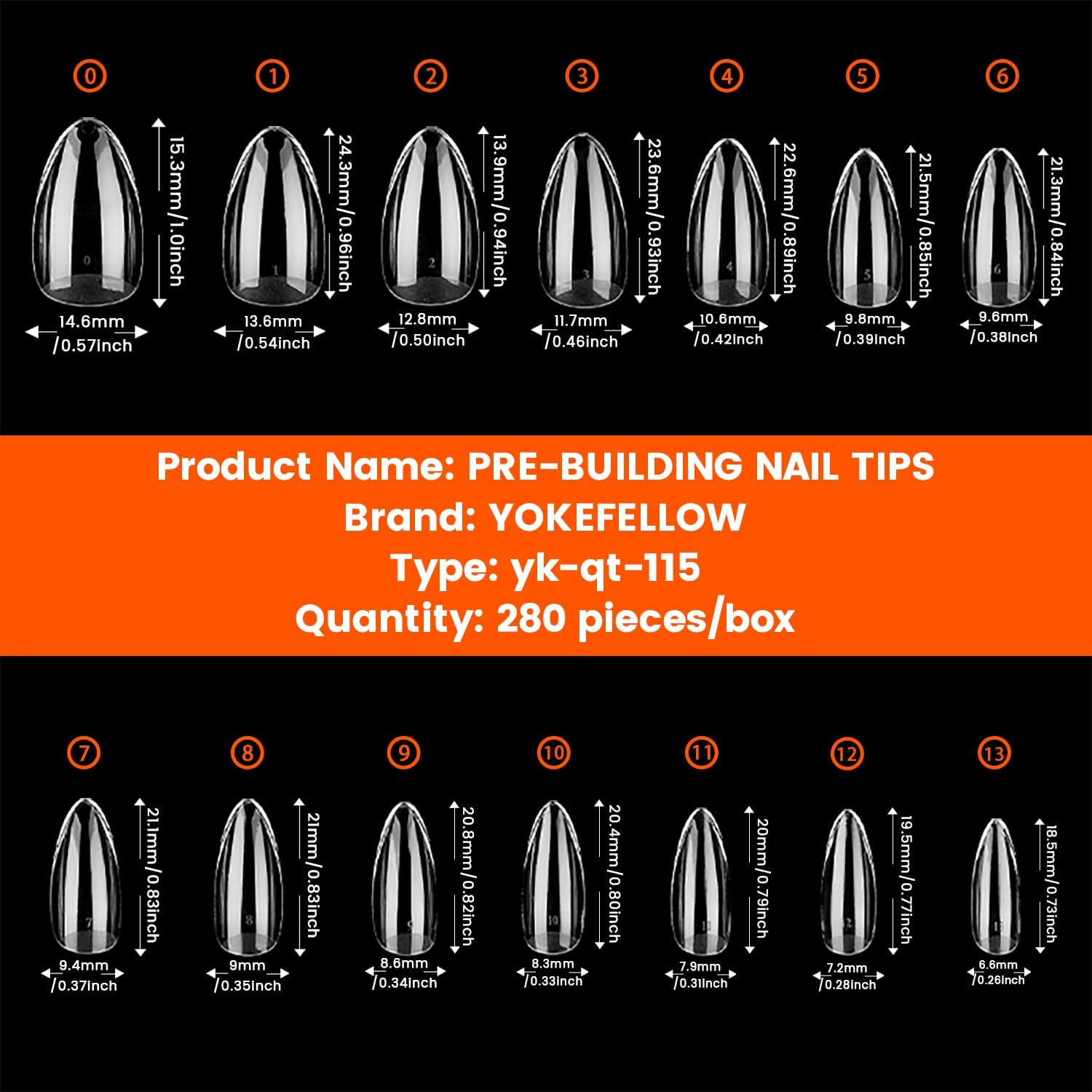 YOKEFELLOW Almond Nail Tips - 280Pcs Tipex Instant Apex Nail Tips Rear Edge Pre-Etched 14 Sizes Crafted with a High Apex and Seamless Extension Acrylic Nails Kit Press on Nails DIY Salon image number 3