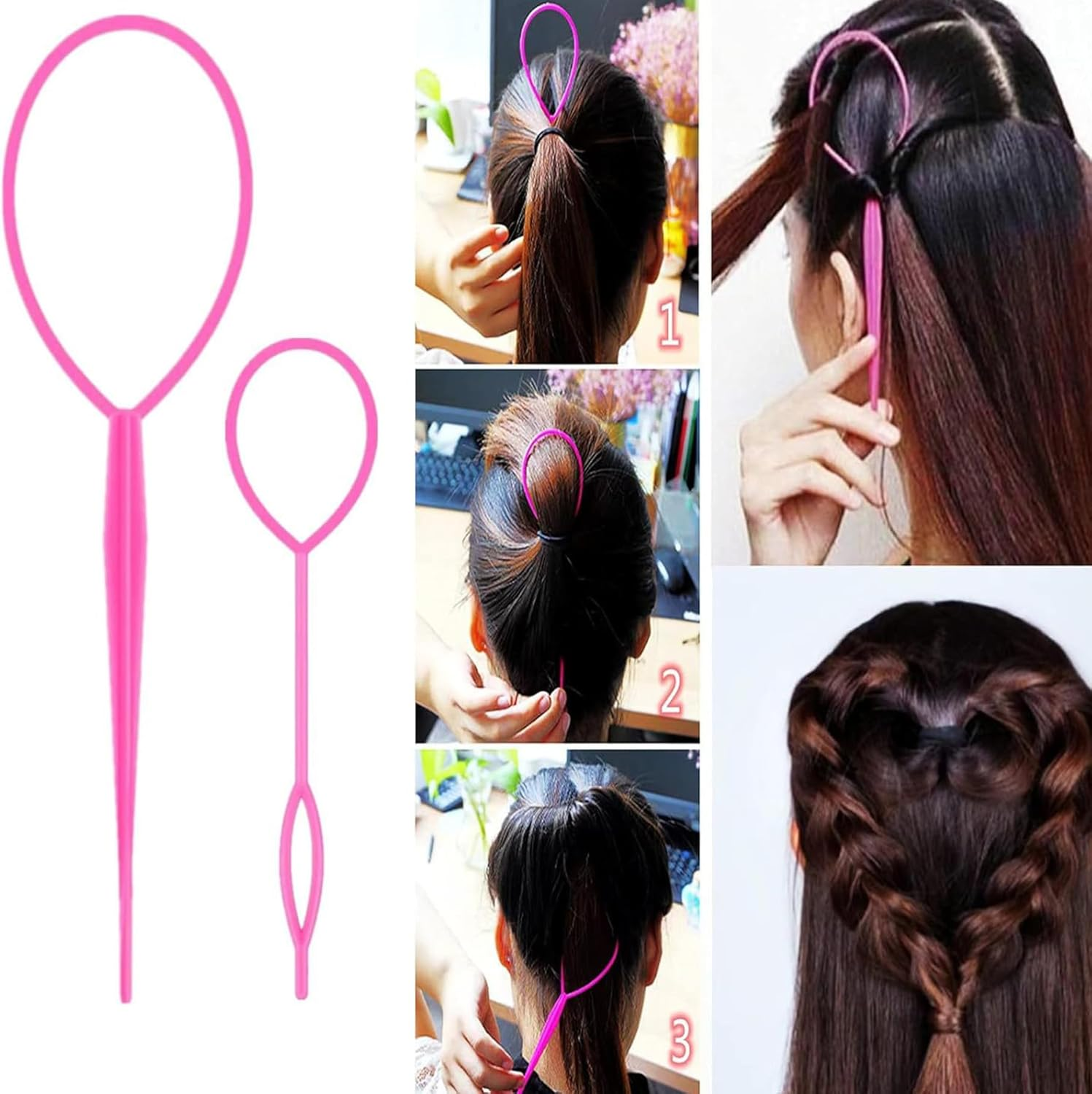 6 Pcs Hair Styling Tools Set - Topsy Tail Hair Tool, Rat Tail Comb, Slick Back Brush, Baby Hair Brush, Edge Brush, Smoothing Comb for Women Girls