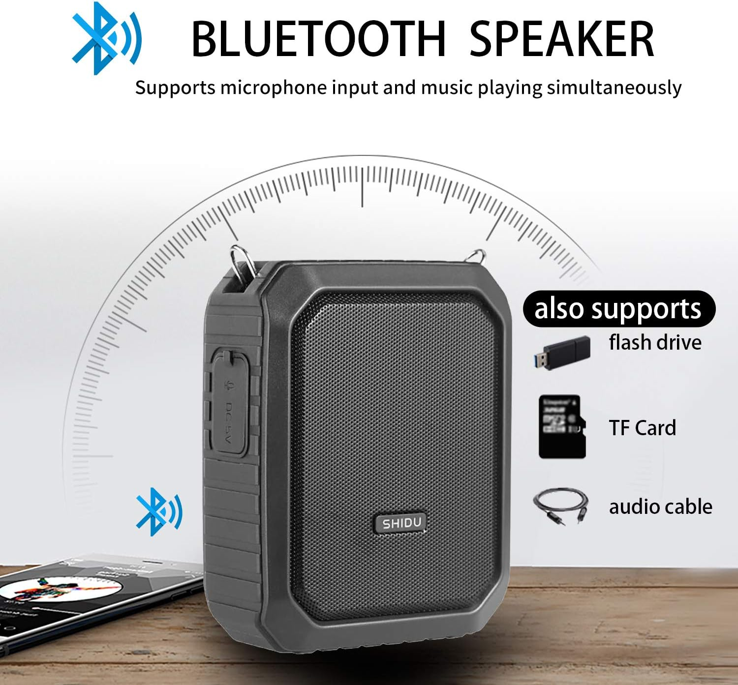 SHIDU Wireless Voice Amplifier Bluetooth Speaker 18W Waterproof Portable PA System with UHF Wireless Mic Headset Rechargeable Voice Enhancer Personal Microphone for Classroom Outdoors Tour Guide image number 6