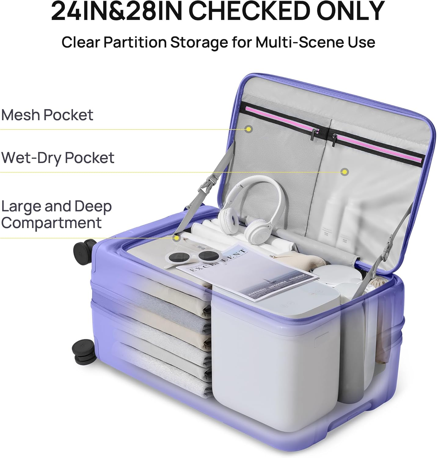 NINETYGO Carry on Luggage 22X14X9 Airline Approved, Flat Top Opening 20 Inch Suitcase, PC Hard Shell, TSA Lock, 360&deg; Spinner Wheels, 03-Purple, Checked 28-Inch image number 7