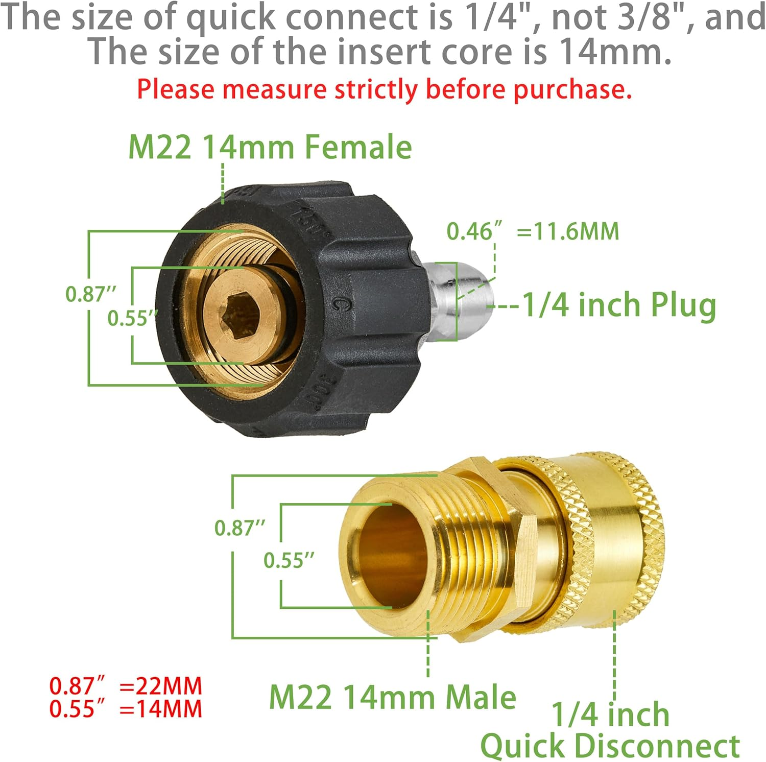 Pressure Washer Adapter Sets, M22 14Mm to 1/4'' Quick Connect Fittings Kits, Quick Connect Gun to Hose (2 X 2, 2 Pack) image number 2
