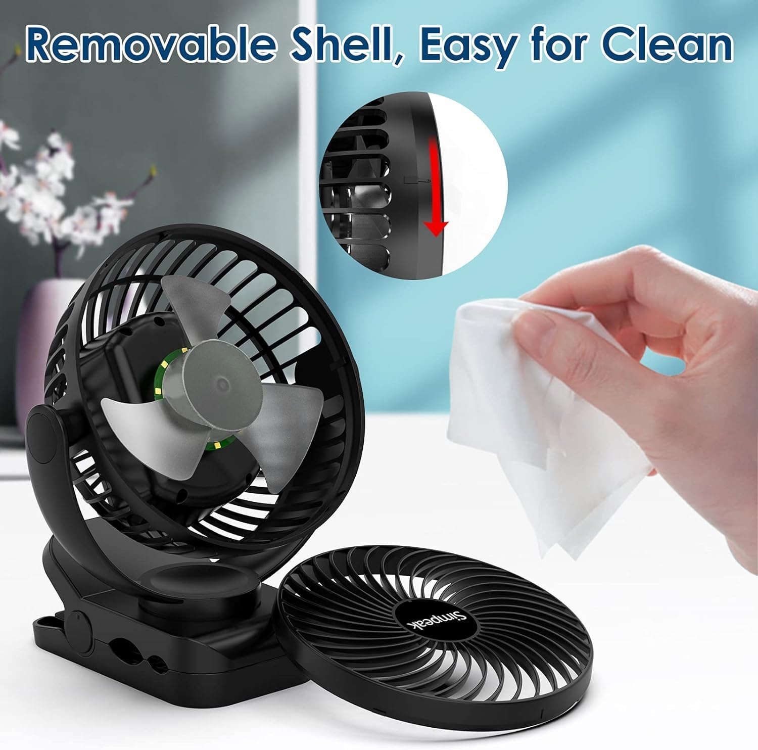 Simpeak 10000 Mah Rechargeable LED USB Fan Clip on Fan Desk Fan, Portable Personal USB Small Fan Outdoor Indoor Office Home Desk Car Camping Fan with 3 Speeds| 3 LED Light Modes| 720&deg; Rotation image number 5