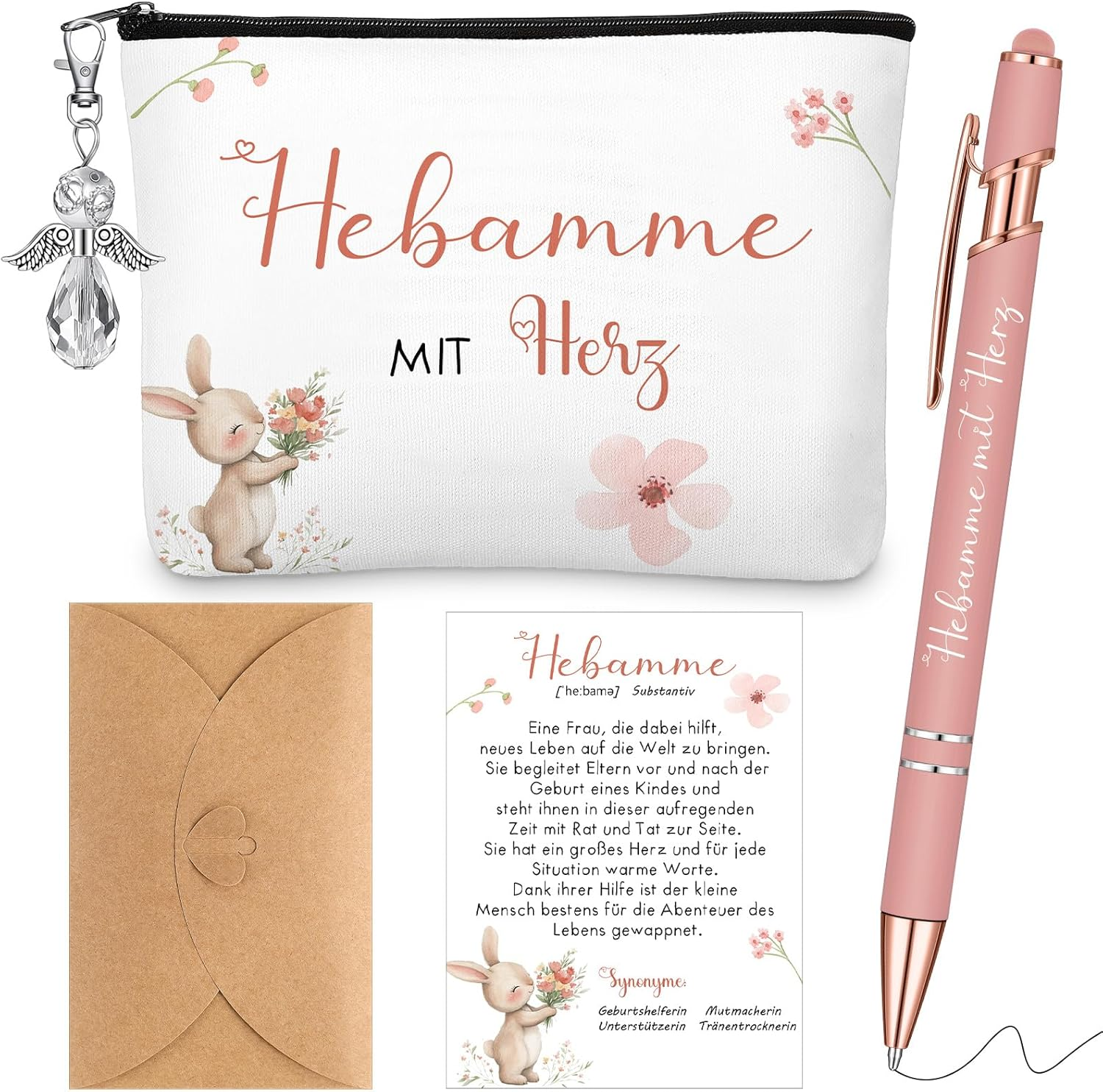 Geiserailie Thank Midwife Gift | Midwife with Heart Cosmetic Bag + Guardian Angel Keyring + Pens with Saying + Thank You Card with Envelope Farewell Gift for Midwife, as Shown in the Pictures