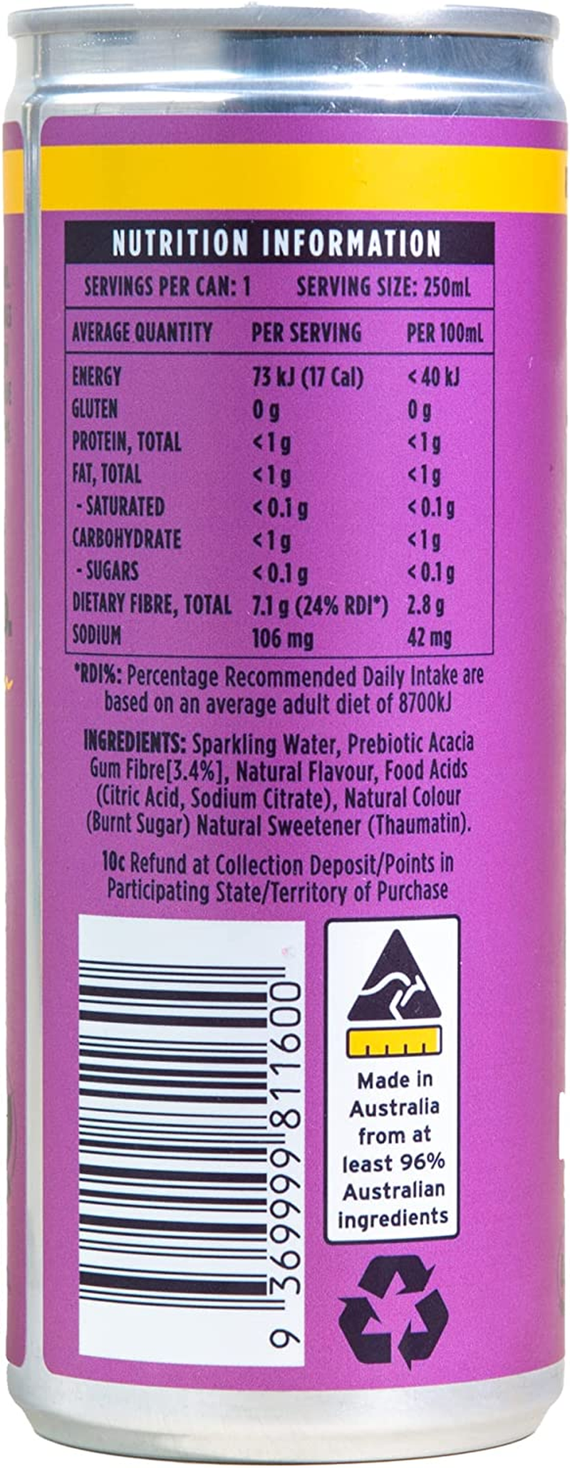 SORTED. Passionfruit Prebiotic Soft Drink | Boosts Gut Health | High-Fibre, 99.9% Sugar-Free, Low Carb, Low Calories | 12X250Ml Cans image number 2