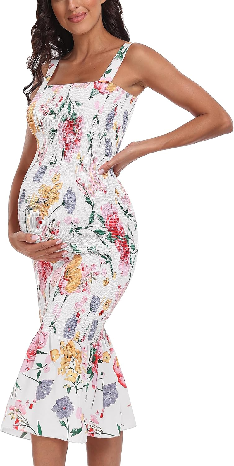 Summer Floral Midi Tank Maternity Dress, Sleeveless Strappy Ruffle Hem Smocked Bodycon Baby Shower Dresses image number 2