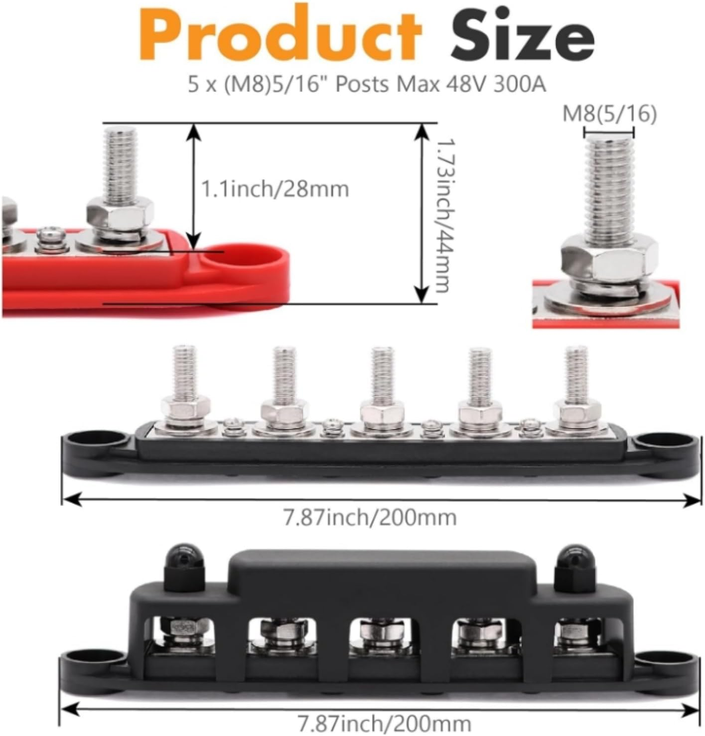 Power Distribution Block Bus Bar,1Pcs 5/16" M8 300AMP 12/24V Automatic Marine Electric Busbar 4 Stud Black Junction Block with Car Boat Marine Caravan RV&hellip; image number 5