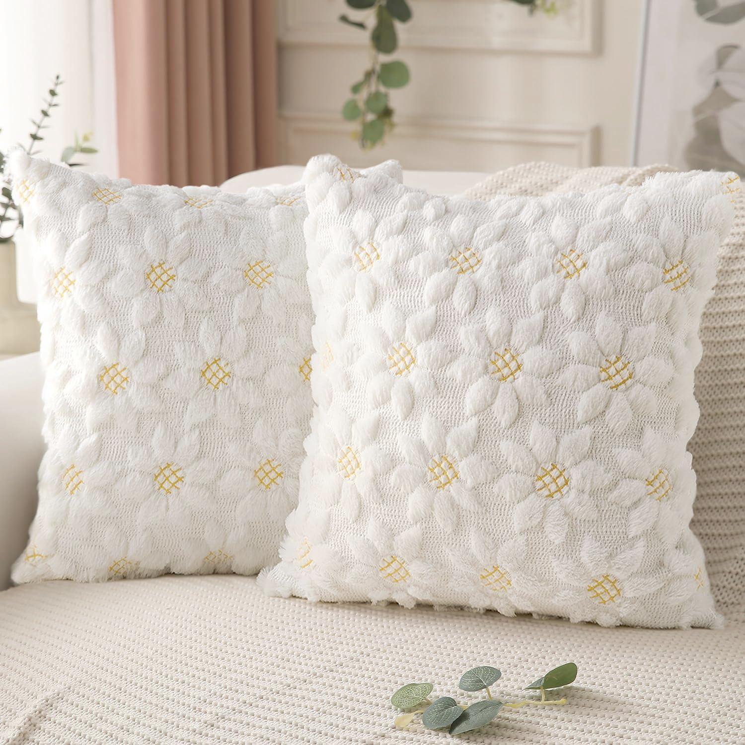 CJWLKJ 2Pcs Soft Faux Fur Throw Pillow Covers 18X18 Inch, Farmhouse Decor Yellow Color Flower Heart Sunflower Soft Plush Jacquard Pillow Cases for Sofa Holiday Home Decor image number 1