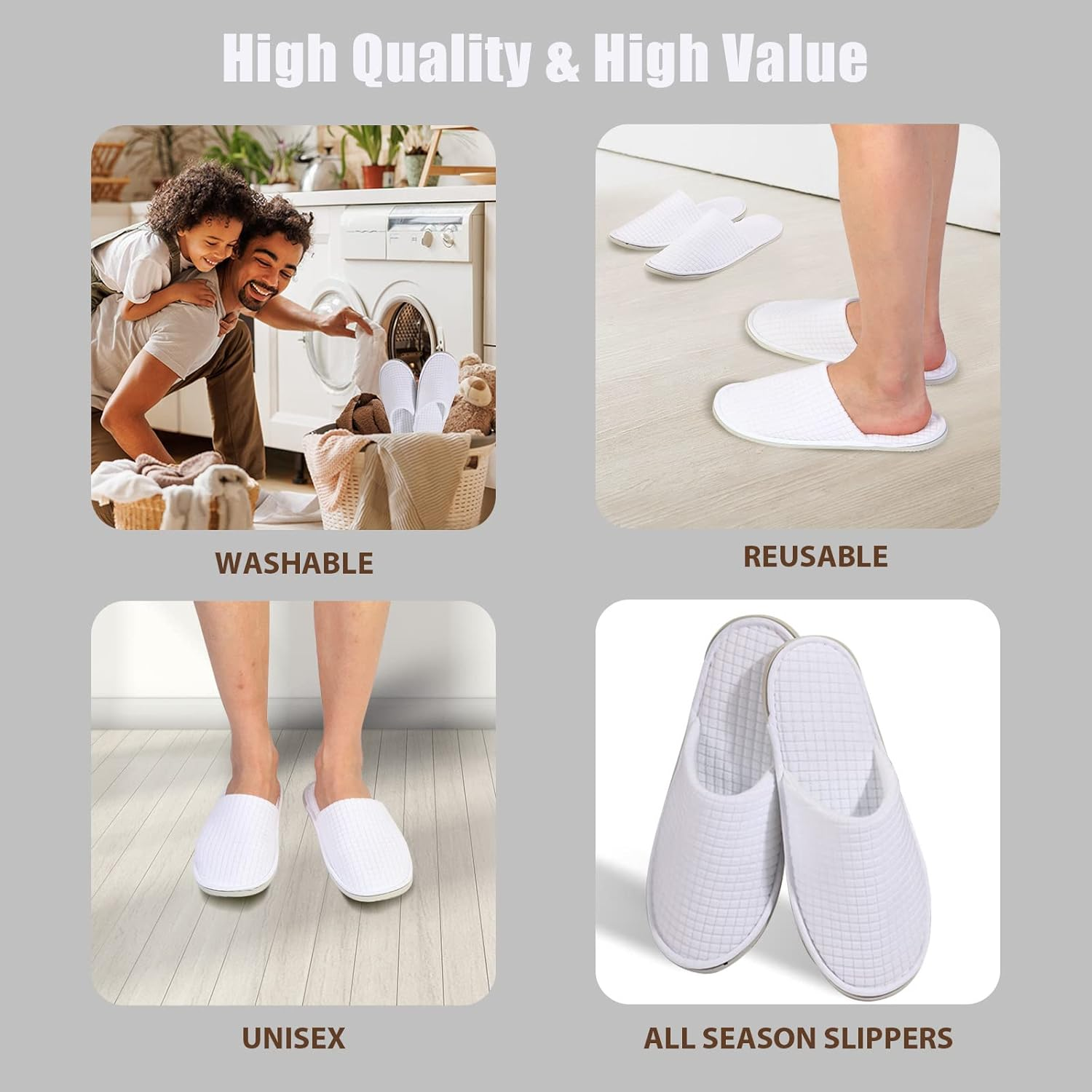 Anmerl 10 Pairs of Disposable Slippers for Hotel & Hosts - Non-Slip, Washable Cotton Velvet Slippers Unisex for Wellness, Travel, Events and Commercial Use, White, 44/46 EU image number 6