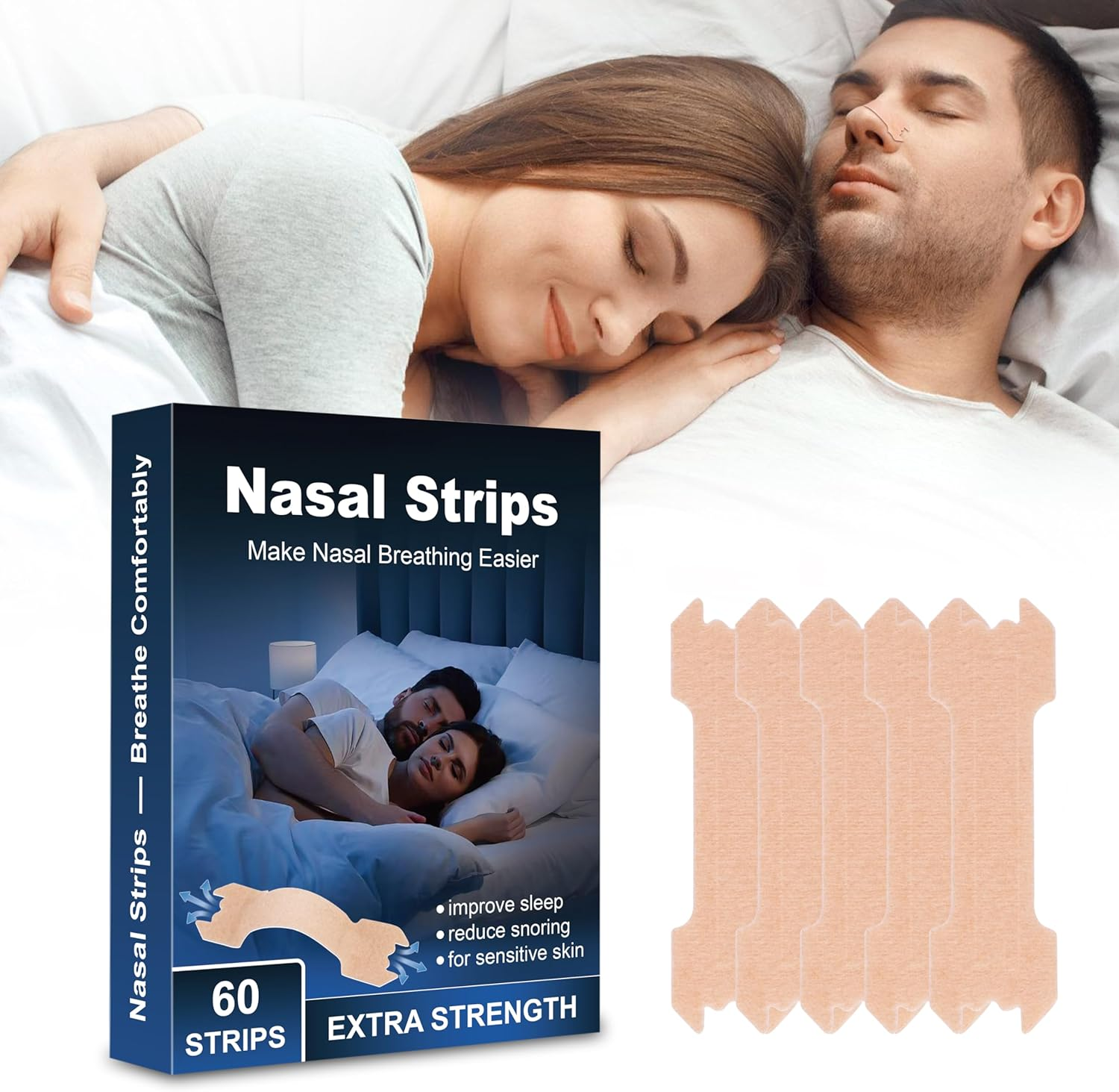 Nasal Strips for Snoring - Nose Strips for Breathing (60 Count), Sports & Sleep Anti-Snoring Device, Relieves Nasal Congestion, Reduces Snoring