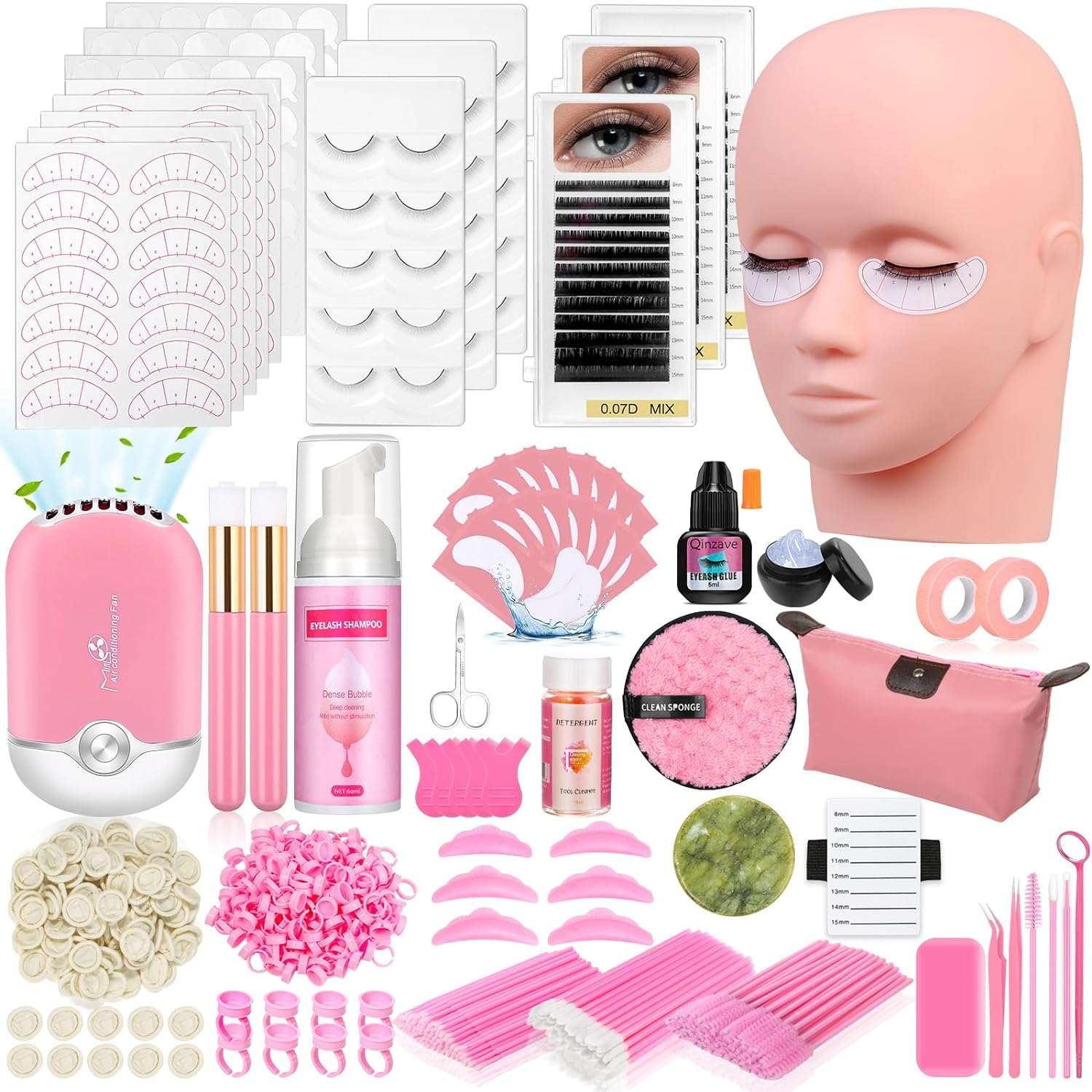 Lashes Kit for Eyelash Extension Beginners 470PCS Professional Lash Mannequin Head Practice Kit with Everything Lash Glue Lash Shampoo Lash Fan, Lash Extension Supplies for Practice Training