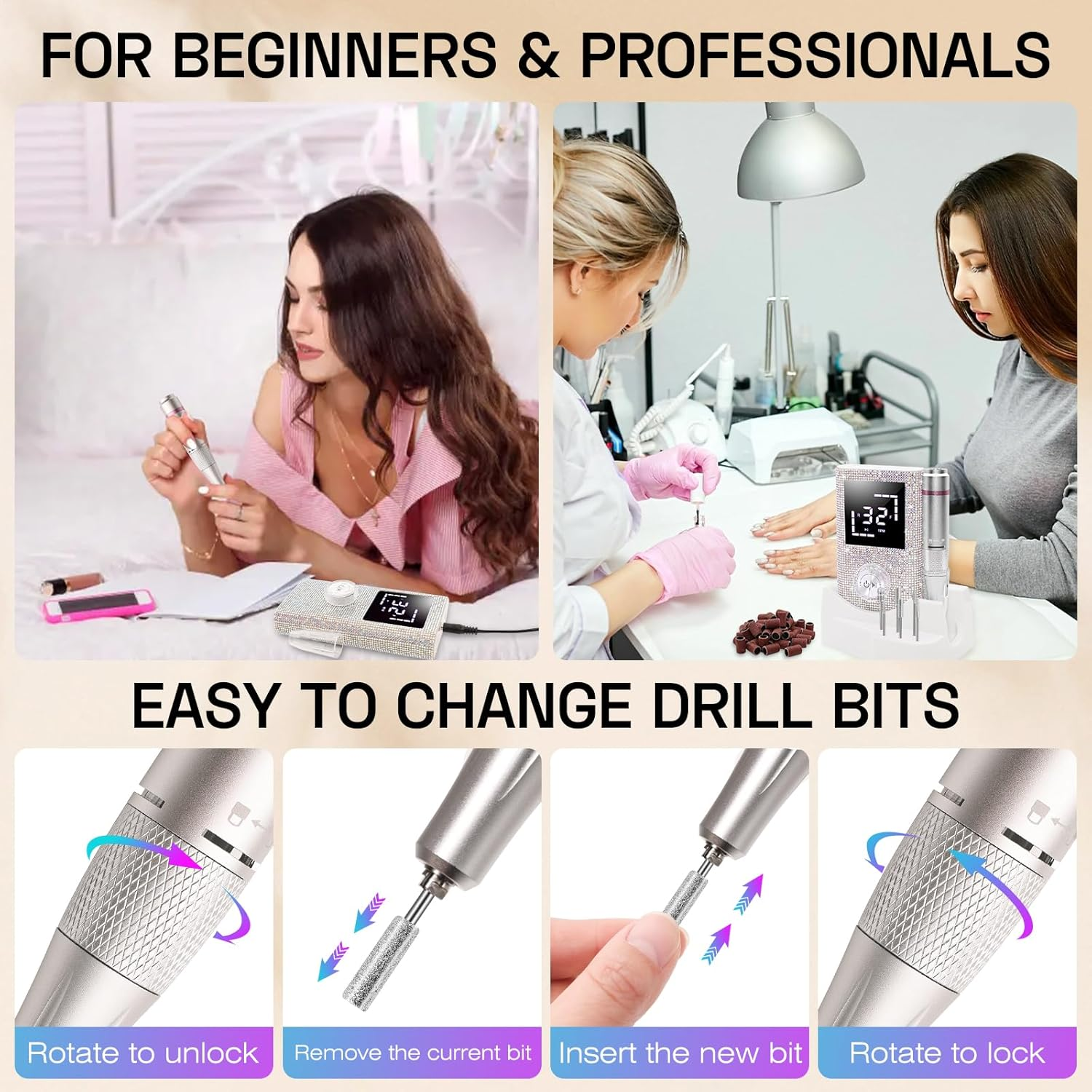 Electric Nail Drill File Machine: Professional 45000RPM Cordless Nail Tool with Stepless Speed Knob for Acrylic Gel Dip Powder Nails, Portable Manicure Pedicure Kit for Home Salon Use image number 2