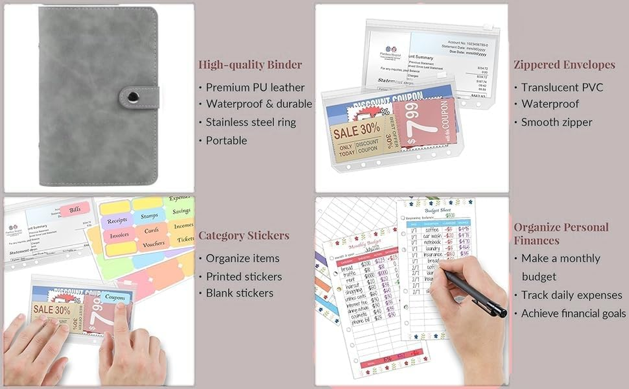 Budget Binder System with Cash Envelopes for Budgeting, Suitable for All Standard A6 Size Money Saving Binder Organizer for Cash，Card，Coupons with Zipper Pockets and Budget Sheets (Gray) image number 1