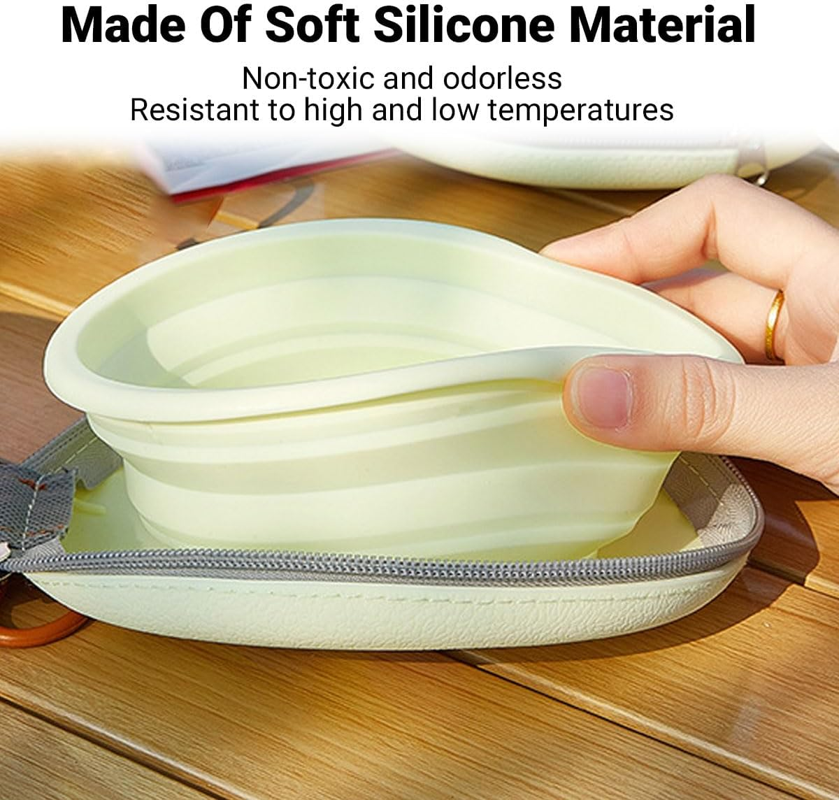 AIMALL Portable Silicone Pet Bowl Double Collapsible Dog Cat Food and Water Feeder, Anti-Knock Travel Feeding Dish with Wall-Hanging Storage, 12.99X5.9In - Beige image number 4