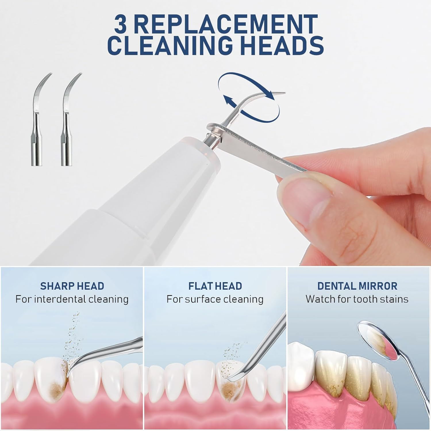 Ultrasonic Tooth Cleaner Plaque Remover for Teeth Cleaning IP67 Waterproof Tartar Remover with 3 Replaceable Heads and 5 Adjustable Modes Rechargeable, Portable Design for Home Travel image number 6