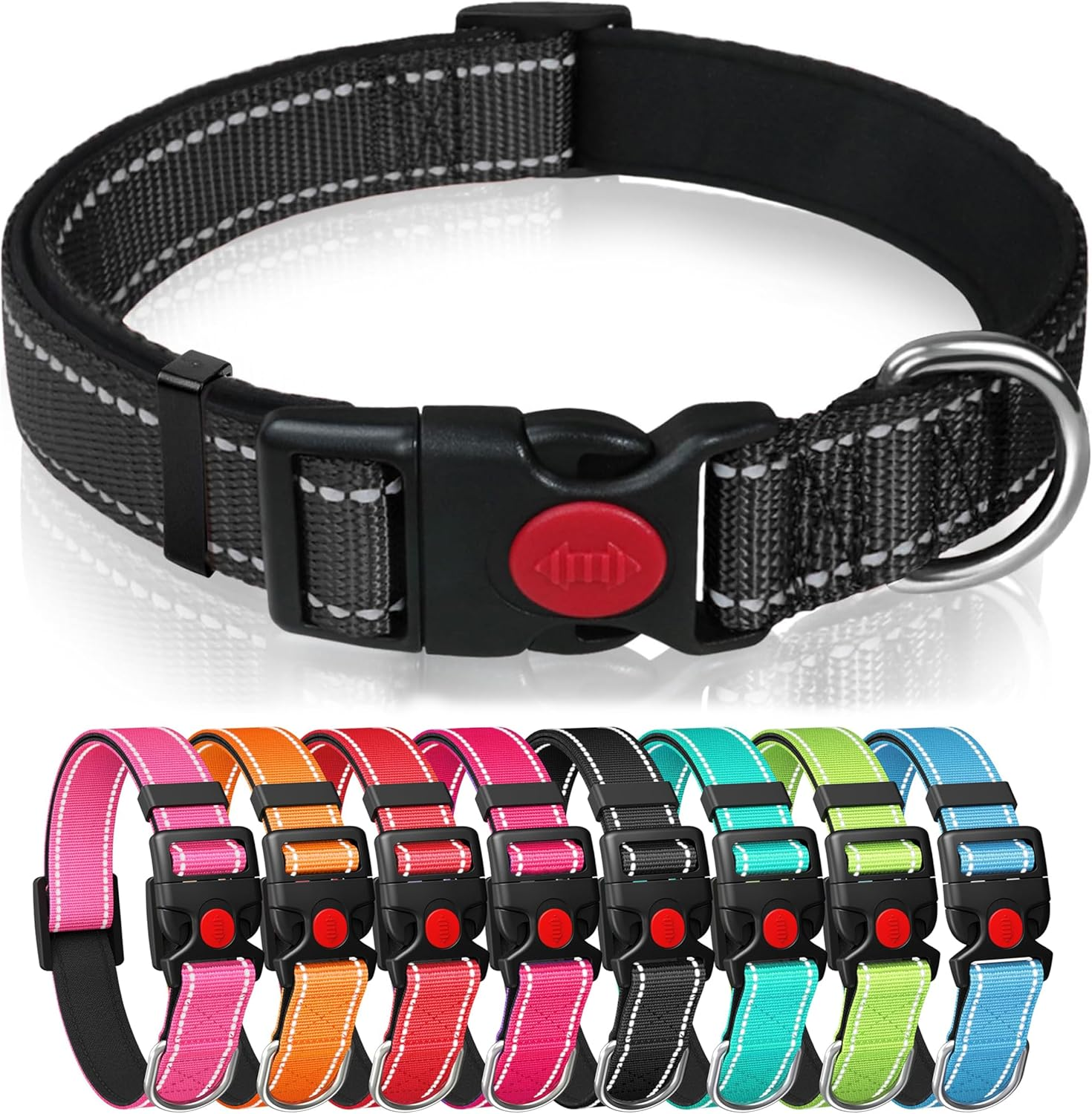 Reflective Nylon Dog Collar with Safety Buckle, Adjustable Pet Collars with Soft Neoprene Padding (Orange, M)