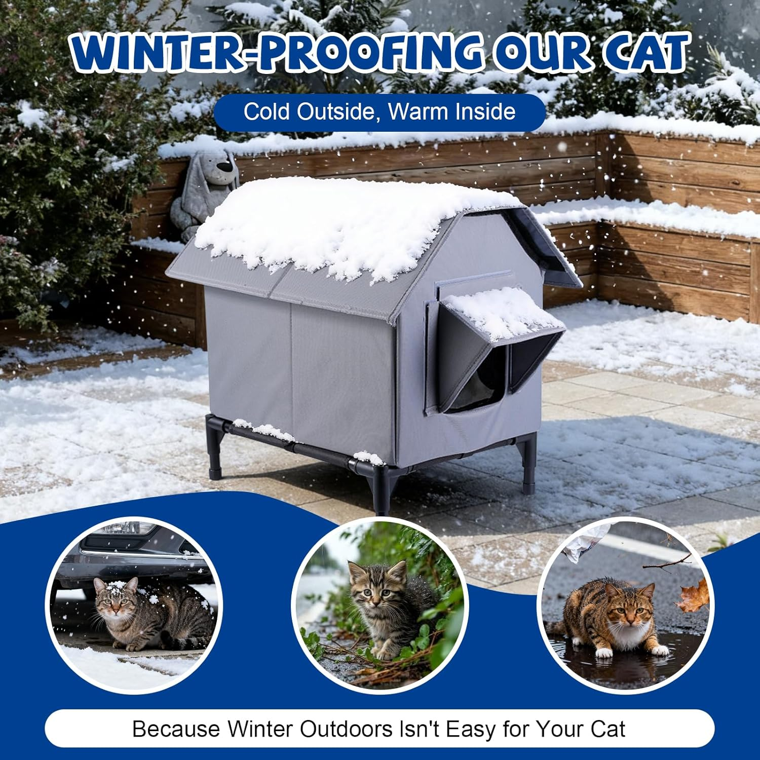 Outdoor Cat House, Outdoor Waterproof Cat House, Large Cat Shelter, Pet House with Elevated Base, Feral Cat Shelter, Insulated Pet Tent Feral Cat Kennel for Multiple Cats and Small Dogs image number 1