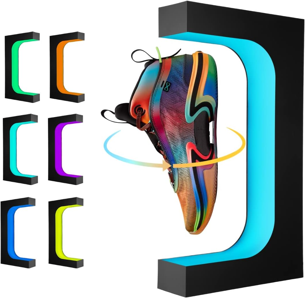 Floating Shoe Display Magnetic Levitation Sneaker Stand with LED Light Rotating Levitating Holder Rack for Shoes Collectors Advertising Exhibition Shoe Store Show Home Decoration, Black