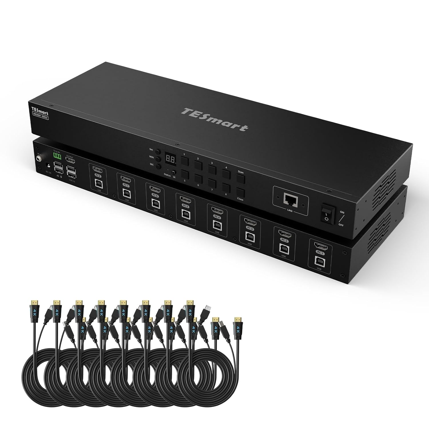 Tesmart Dock 8 Port HDMI KVM Switch, 8X1 HDMI KVM Switch 4K@30Hz, USB 2.0 Rackmount KVM Enterprise-Grade EDID Emulator | Hotkey Switch | RS232 with 8 Pcs 5Ft KVM Cable image number 2