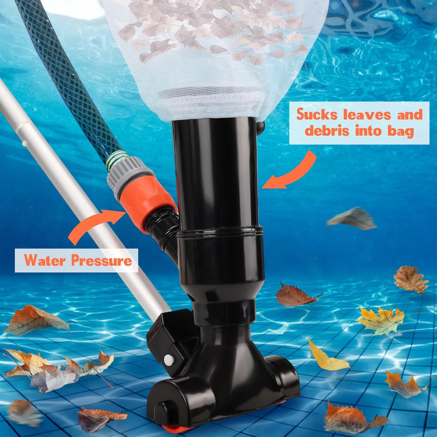 Portable Pool Vacuum for above Ground Pools - Non-Electric, Water Pressure-Driven Cleaner with Telescopic Pole, Leaf Suction Head & Filter Bag
