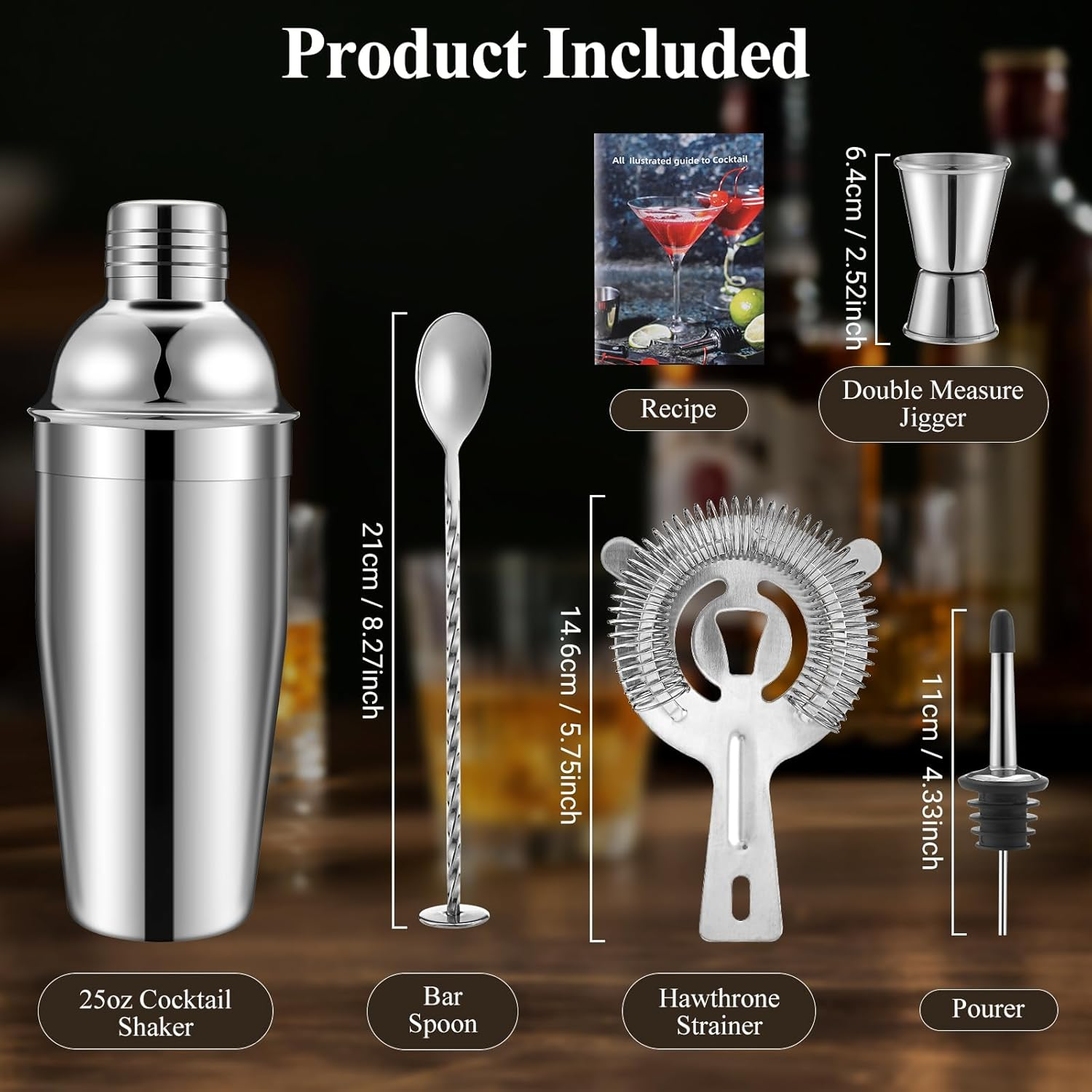 Cocktail Shaker Set 5Pcs Cocktail Making Set 304 Stainless Steel 24Oz Shakers with Strainer, Pourers, Double Jigger, Mixing Spoon at Home & Bar Gift Martini Shaker Set image number 1