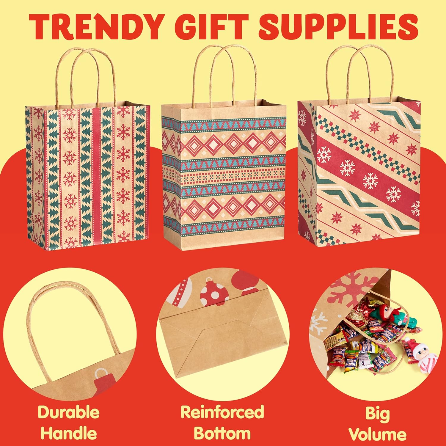 JOYIN 24 PCS Christmas Kraft Gift Bags Xmas Holiday Present Wrapping Paper Goody Bags with Handles for Classrooms and Wedding Decor, Party Favors and Decor Supplies (Brown 9X7.3X3.3 Inch) - Blue image number 5