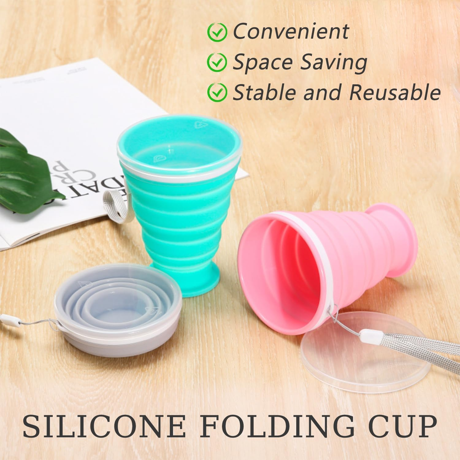 SYEYCW 3 Pcs Collapsible Cups, Silicone Foldable Cup, Folding Silicone Cups with Plastic Sealing Lid, Reusable Portable Cup Set, Folding Cup for Picnic, Camping, Outdoor Hiking, Traveling, 3 Colours image number 3
