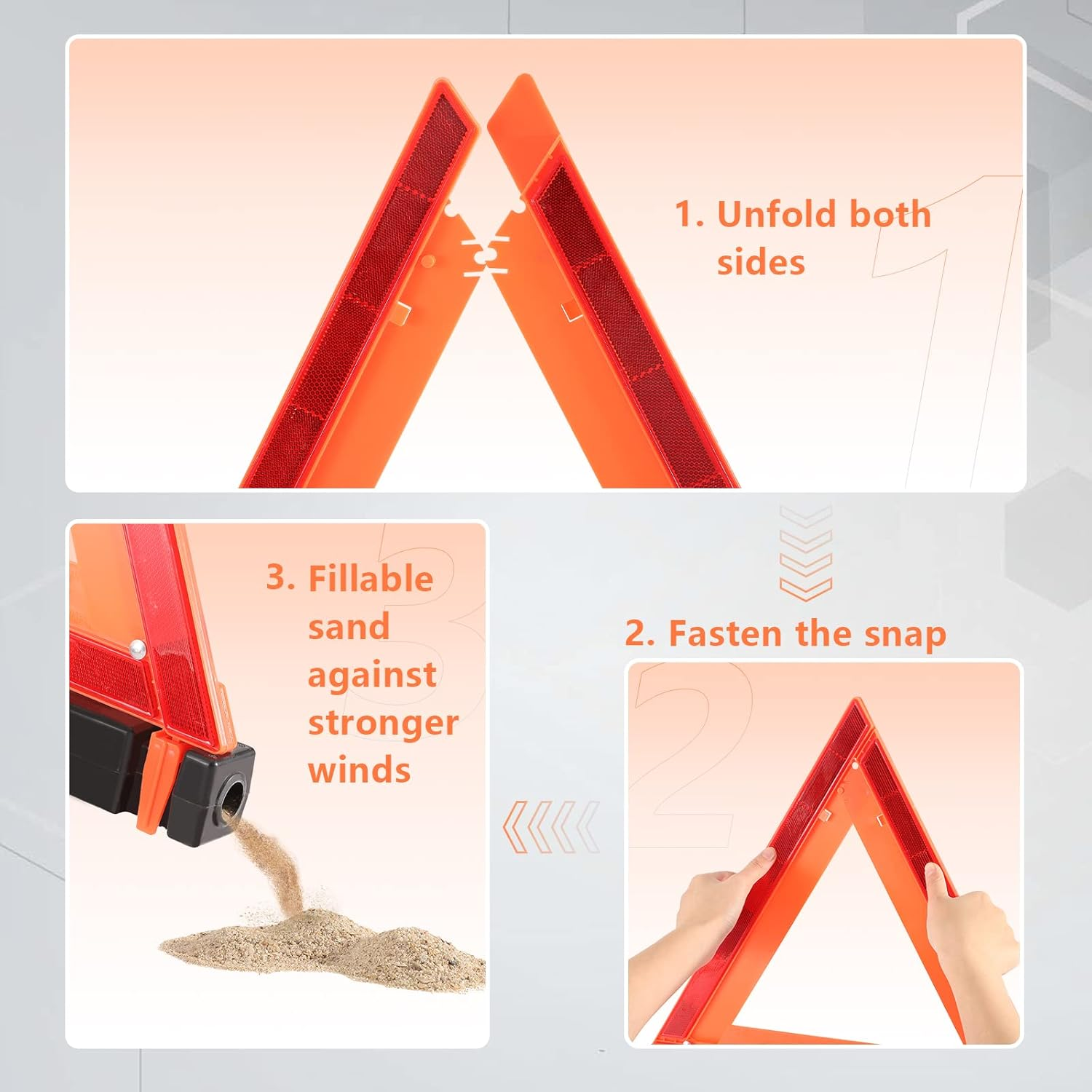 Warning Triangle, Safety Triangles Dot Approved Roadside Triangle Reflectors Reflective Safety Triangle Emergency Triangles,3 Packs(Without Sands) image number 5