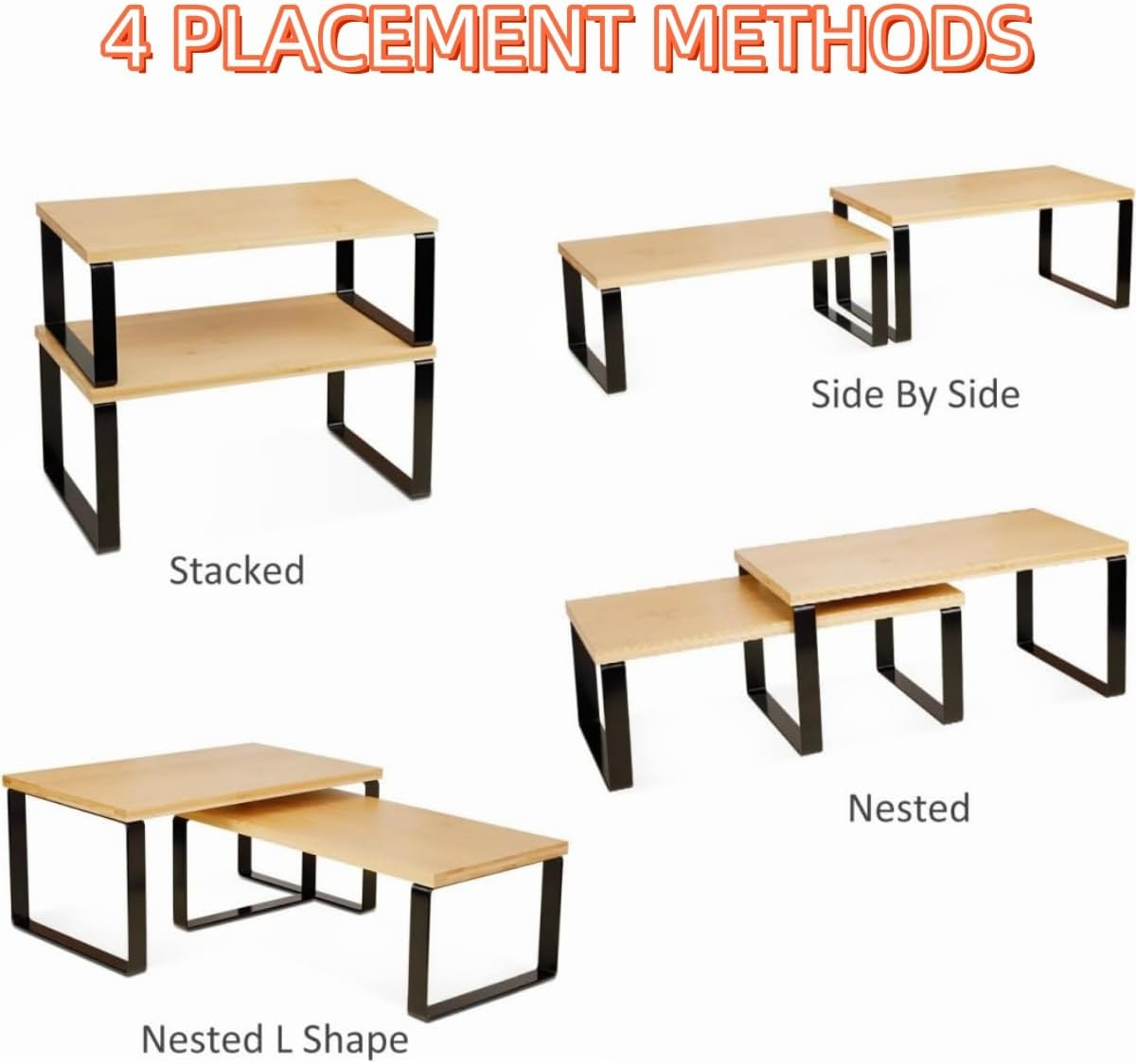 9SHOME 4Pack Expandable Cabinet Shelf Organiser, Stackable Kitchen Counter Shelves Organiser, Wooden Cupboard Stand Spice Rack, Pantry Shelves Cabinet Insert for Kitchen Bathroom image number 5