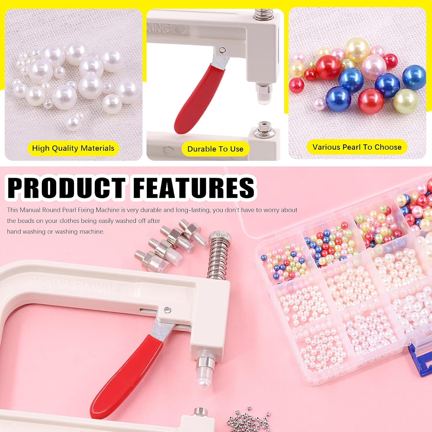 Mardatt 1335 Pcs Pearl Setting Machine and Colorful Pearls Kit, Hand Press Pearl Rivet Buttons Setter with 5 Sizes Molds DIY Handmade Pearl Accessories for Hats Shoes Clothes Bags Charm image number 6