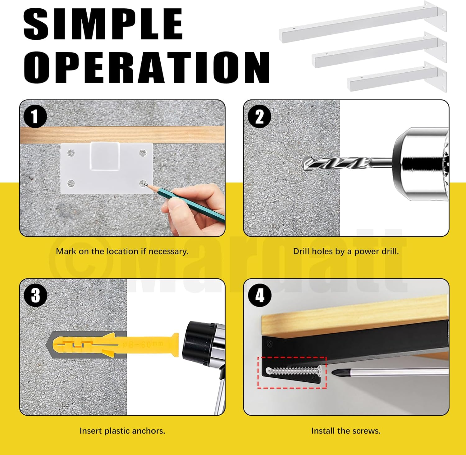 Mardatt 4Pcs 8&rdquo; White Shelf Bracket with Screws and Anchors, Floating Shelf Brackets Heavy Duty Shelf Supports Mounted Shelf Brackets Hidden L Shelf Bracket for Shelves Support