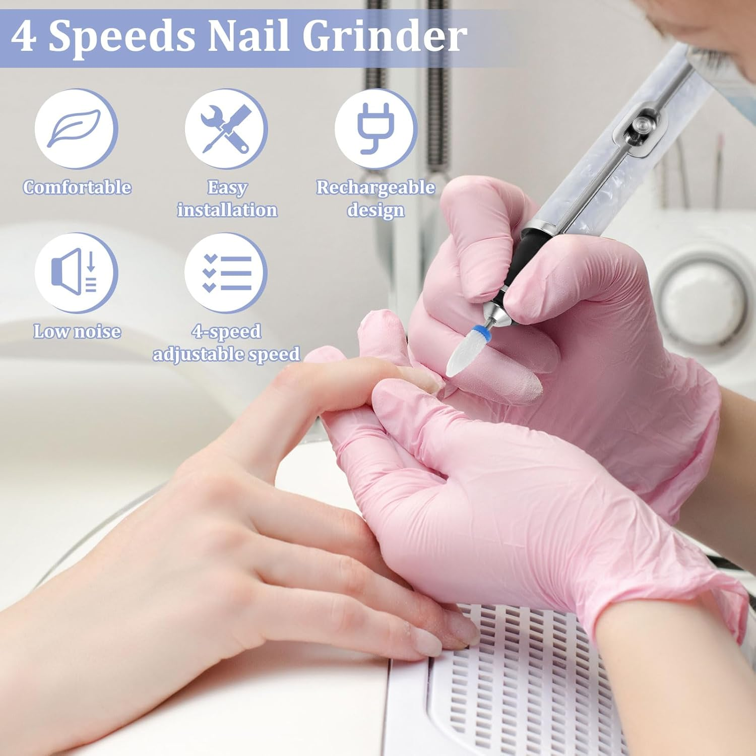Aluminium Alloy Electric Nail File for Thick Toe Nails Rechargeable 4 Gears Low Noise Grinder for Manicure Pedicure with Bits Sanding Bands Suitable for Home Salon image number 2