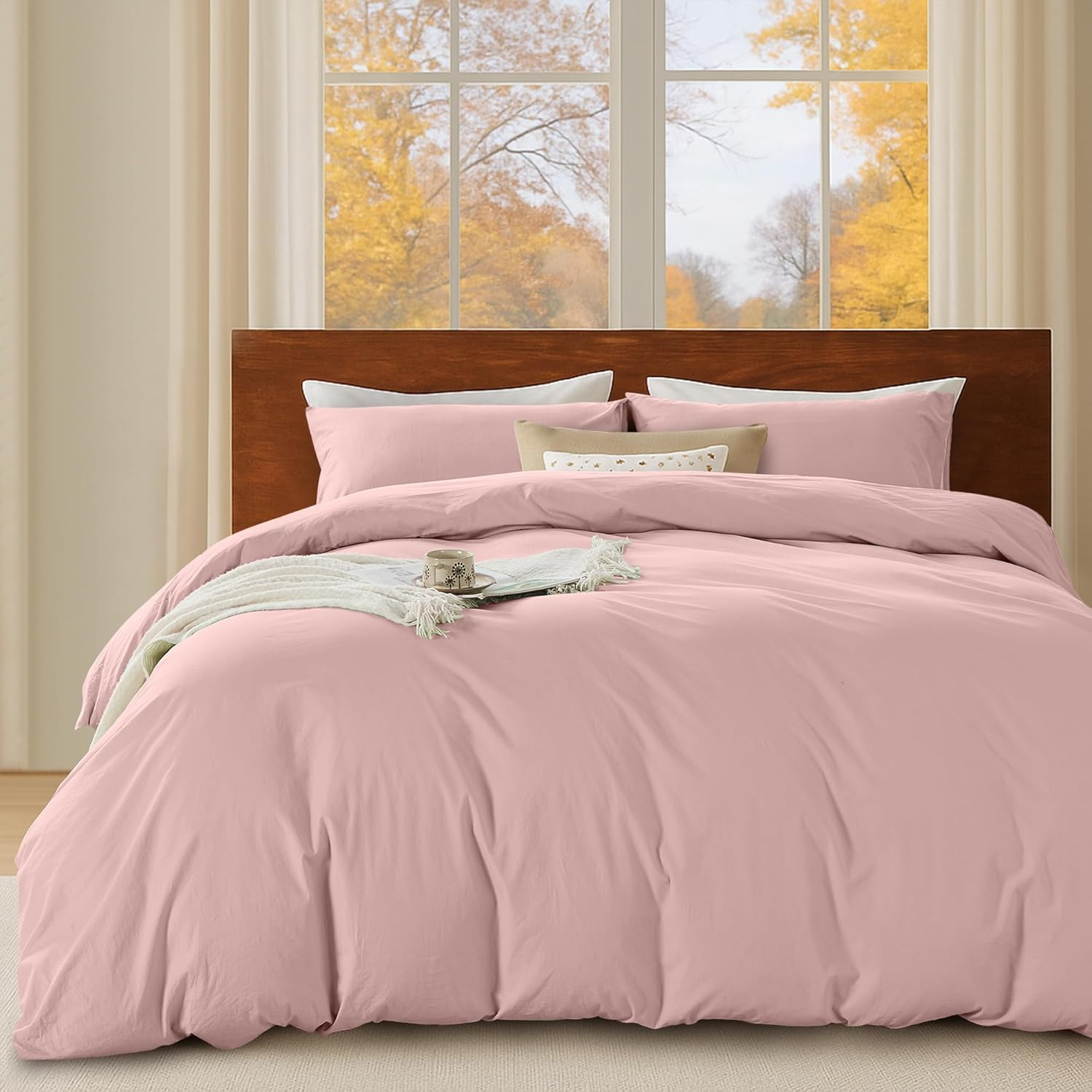 LINENOVA 100% Cotton Quilt Cover Set Queen &ndash; 3 Pieces Vintage Washed Duvet Cover with Pillowcases, Ultra Soft & Breathable, All Season Bedding - Dusty Pink