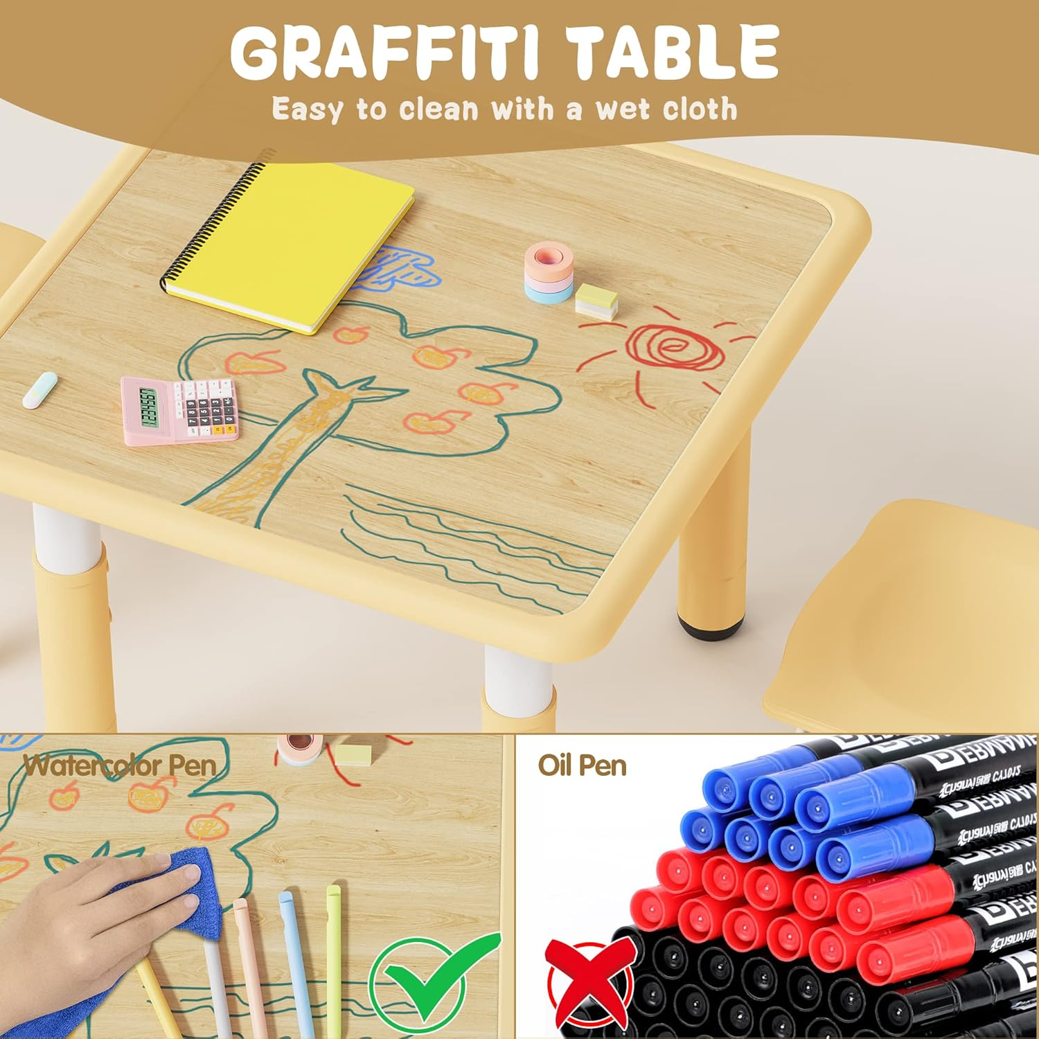 Brelley Kids Table and 2 Chairs Set, Height Adjustable Toddler Table and Chair Set, Graffiti Desktop, Classroom/Daycare/Home, Children Multi-Activity Table for Ages 2-8 image number 4