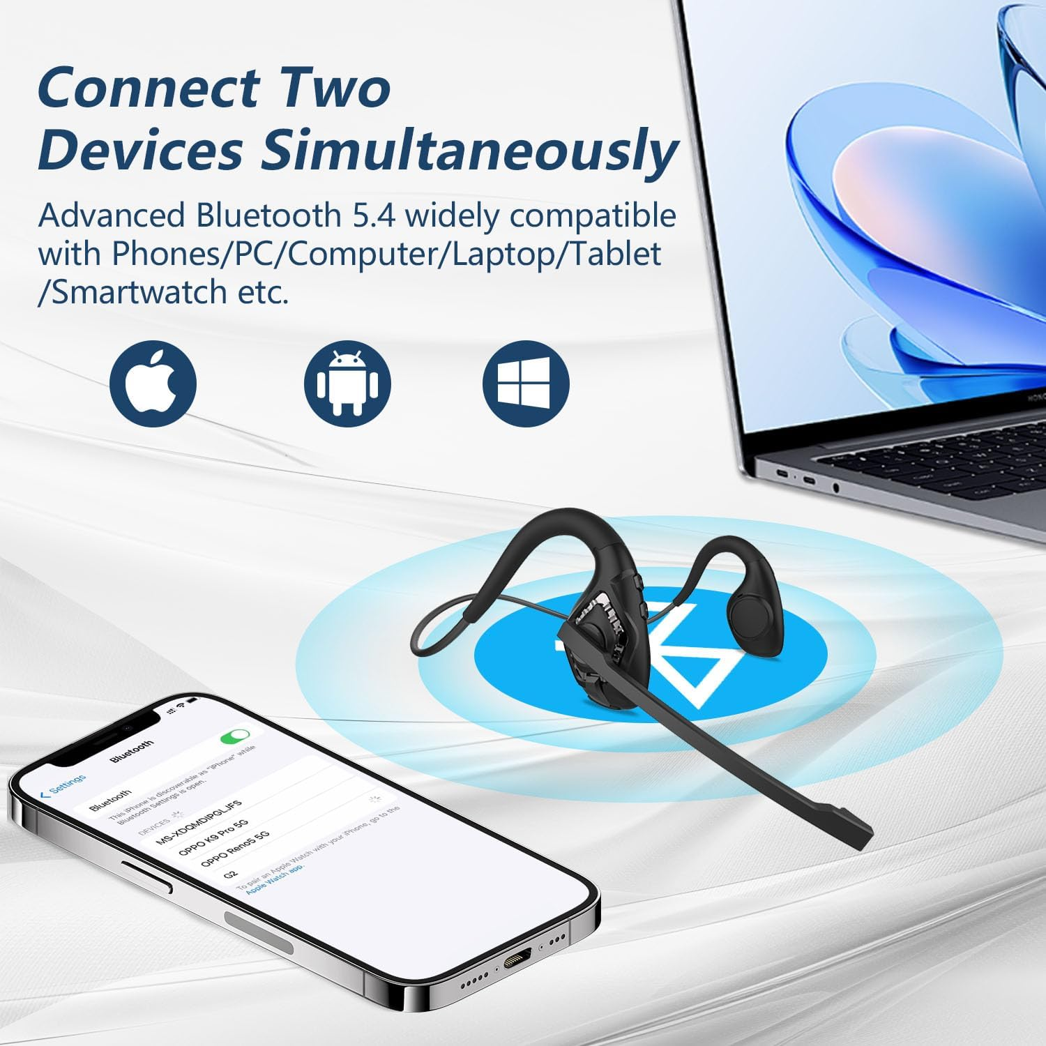 BANIGIPA Open Ear Headphones, Air Conduction Bluetooth Headset, Wireless Earphones Stereo W/Noise-Canceling Boom Microphone, 8 Hrs Playtime, Light and Comfortable for Cell Phone Sport Office Driving image number 1