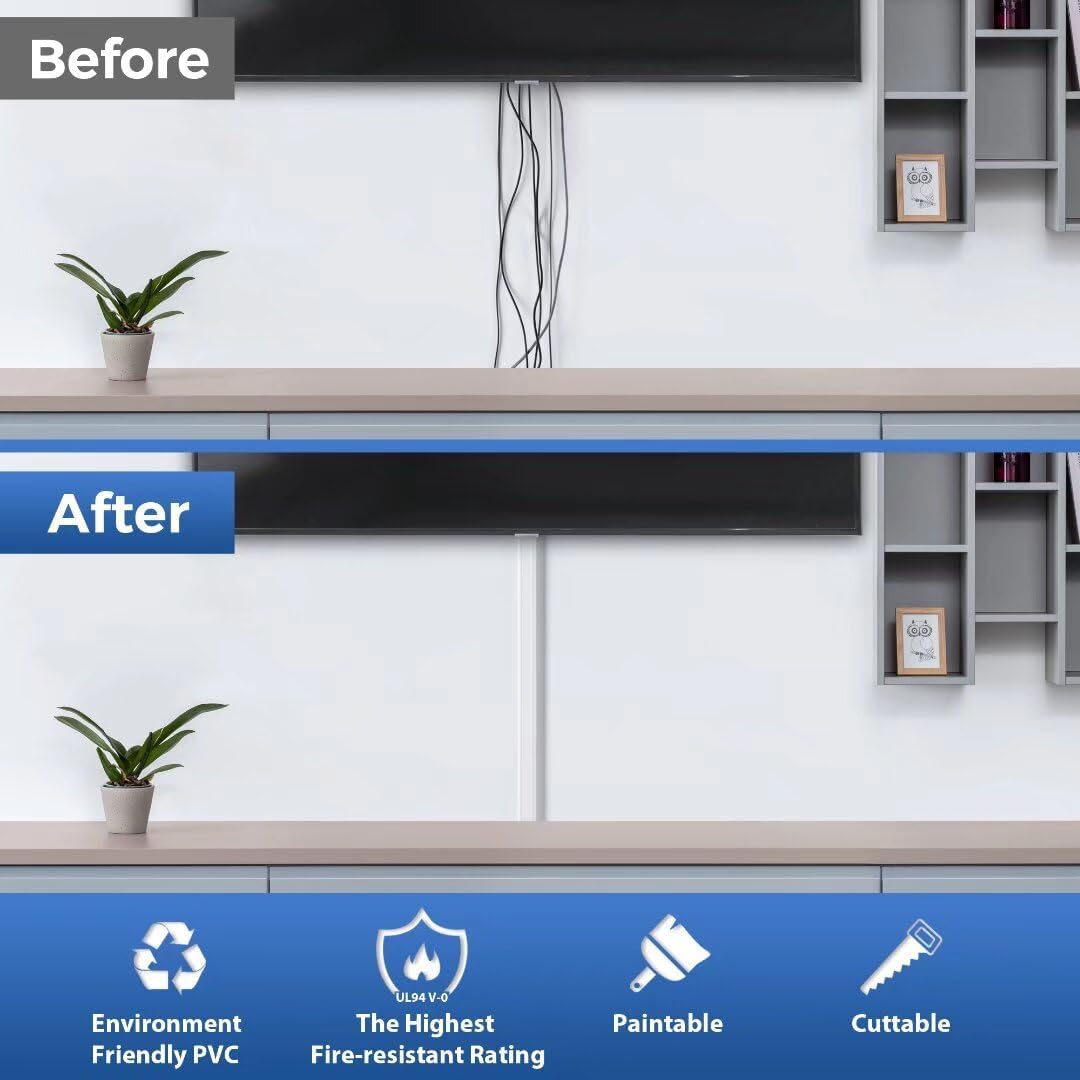 Zhiyo TV Cord Cover for Wall, 31.5 Inch Cable Concealer, Cord Hider for Wall Mounted TV, Paintable Wall Cable Cover to Hide Wires, White Cable Raceway Kit, 2X L15.8In W1.5In H0.75In image number 5