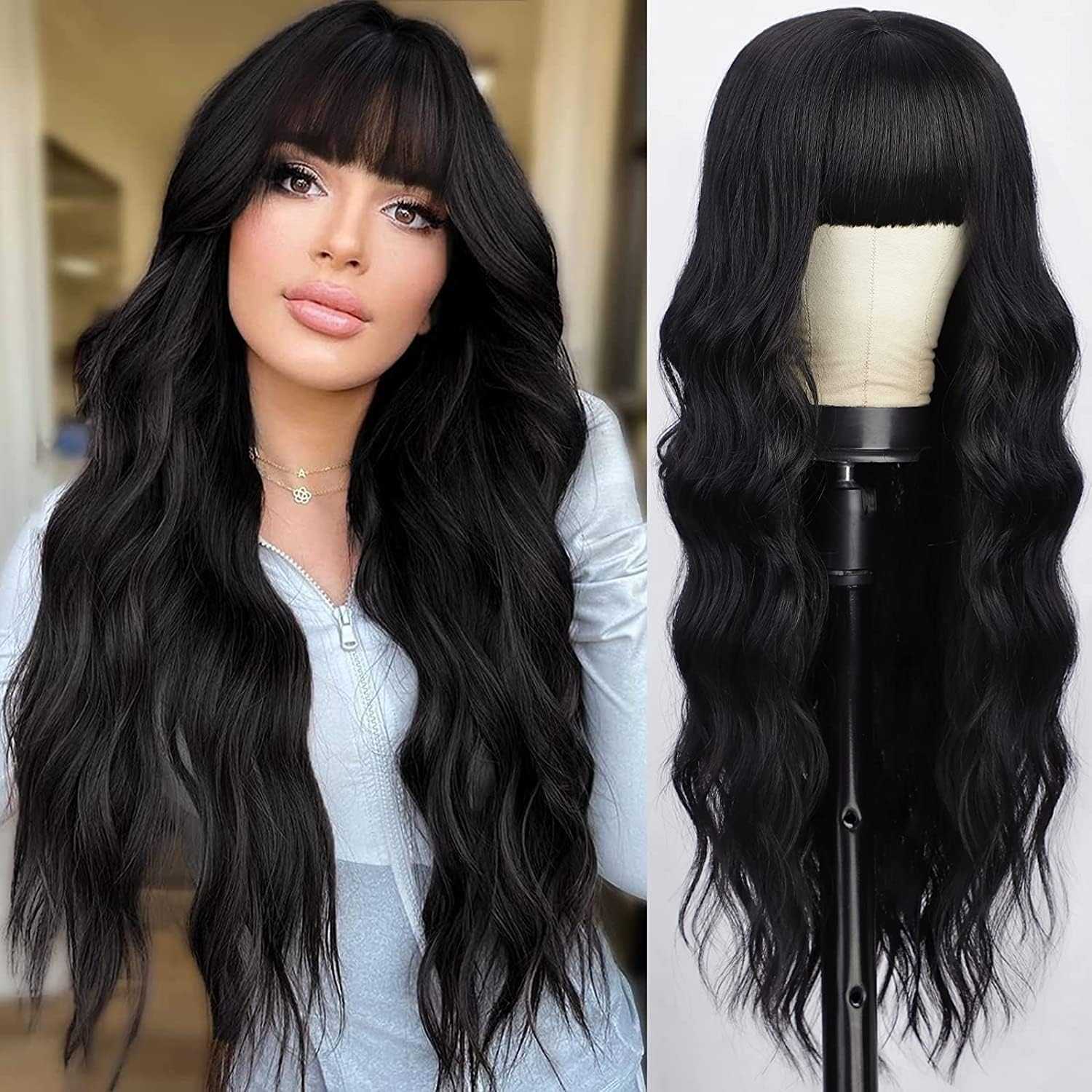 BLEXCO Long Wavy Wig with Bangs 26 Inch Synthetic Natural Wavy Wigs for Women Heat Resistant Synthetic Wigs for Daily Party Use (Black)
